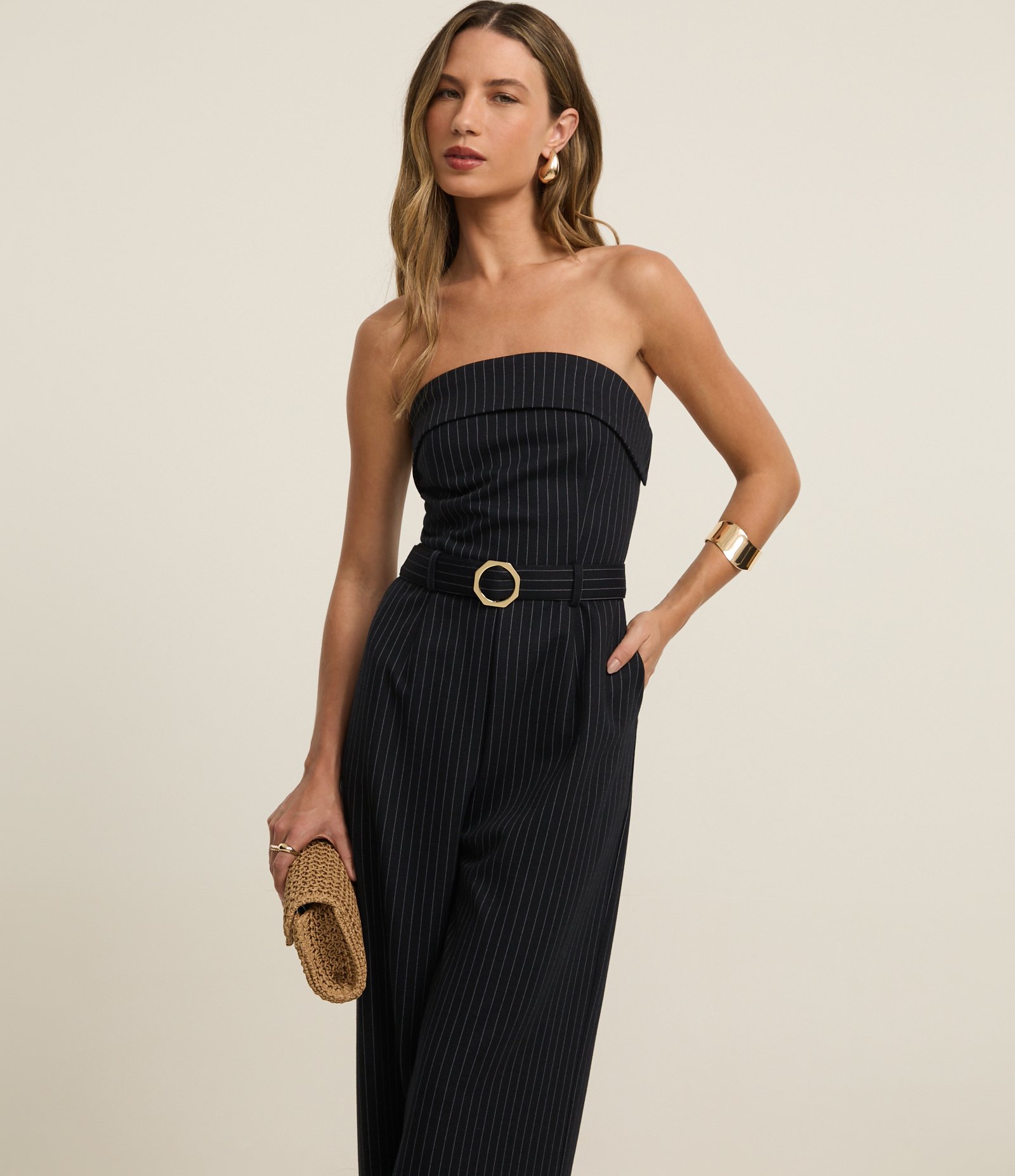 Macacão Sem Alça Listrado com Fio Tinto e Cinto de Tecido Azul Marinho 1