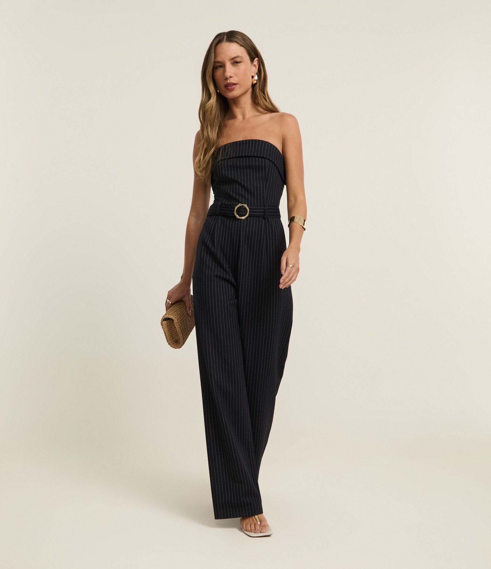 Macacão Sem Alça Listrado com Fio Tinto e Cinto de Tecido Azul Marinho 2