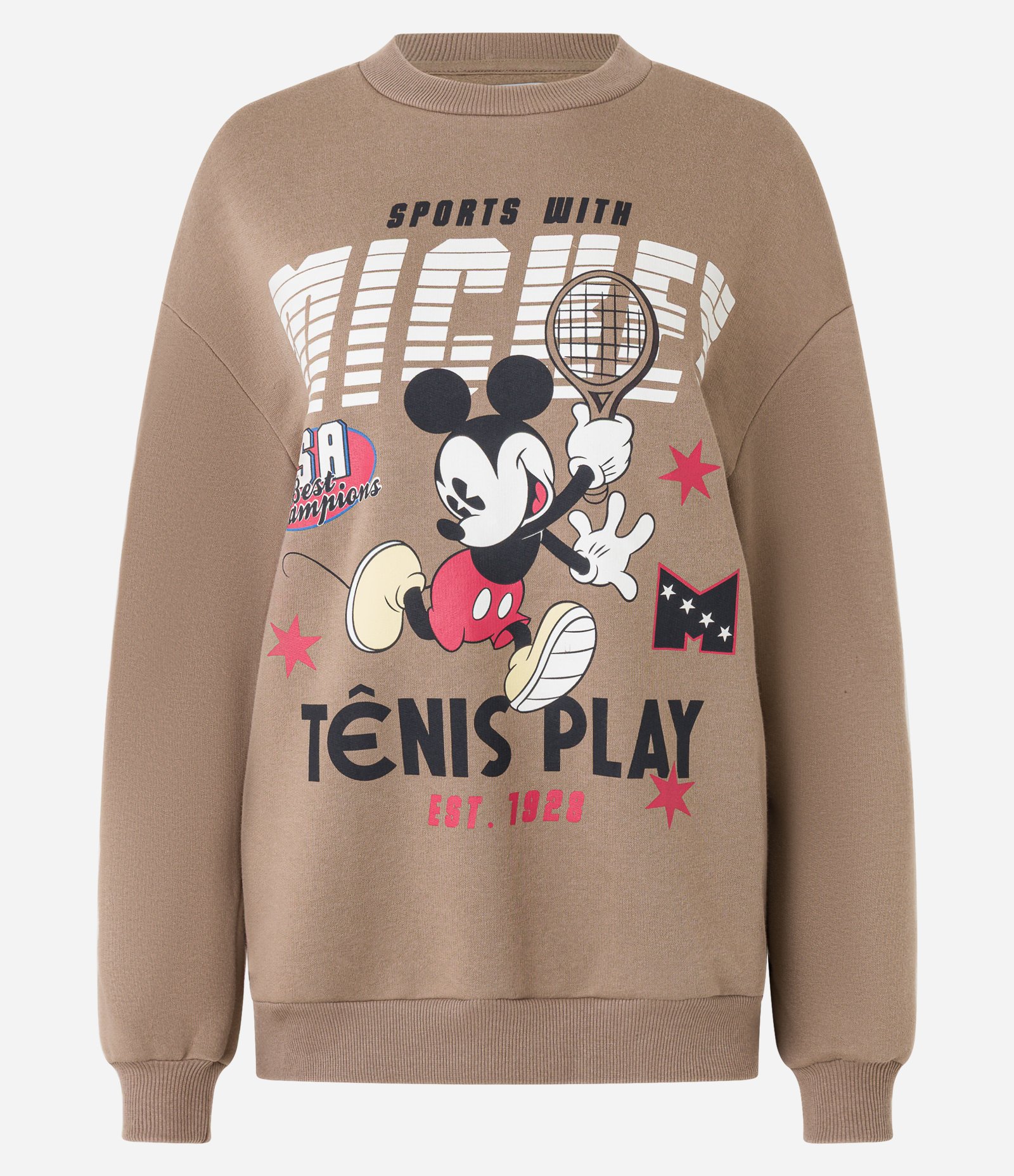 Moletom Slim com Forro Fleece e Estampa Mickey Marrom 1