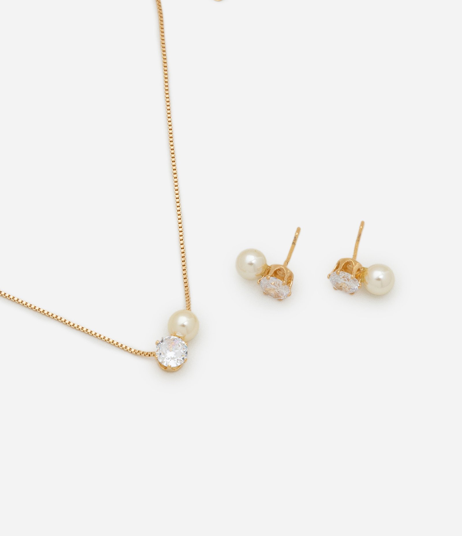 Conjunto de Colar e Brinco em Metal com Zircônia e Pérolas Dourado 1