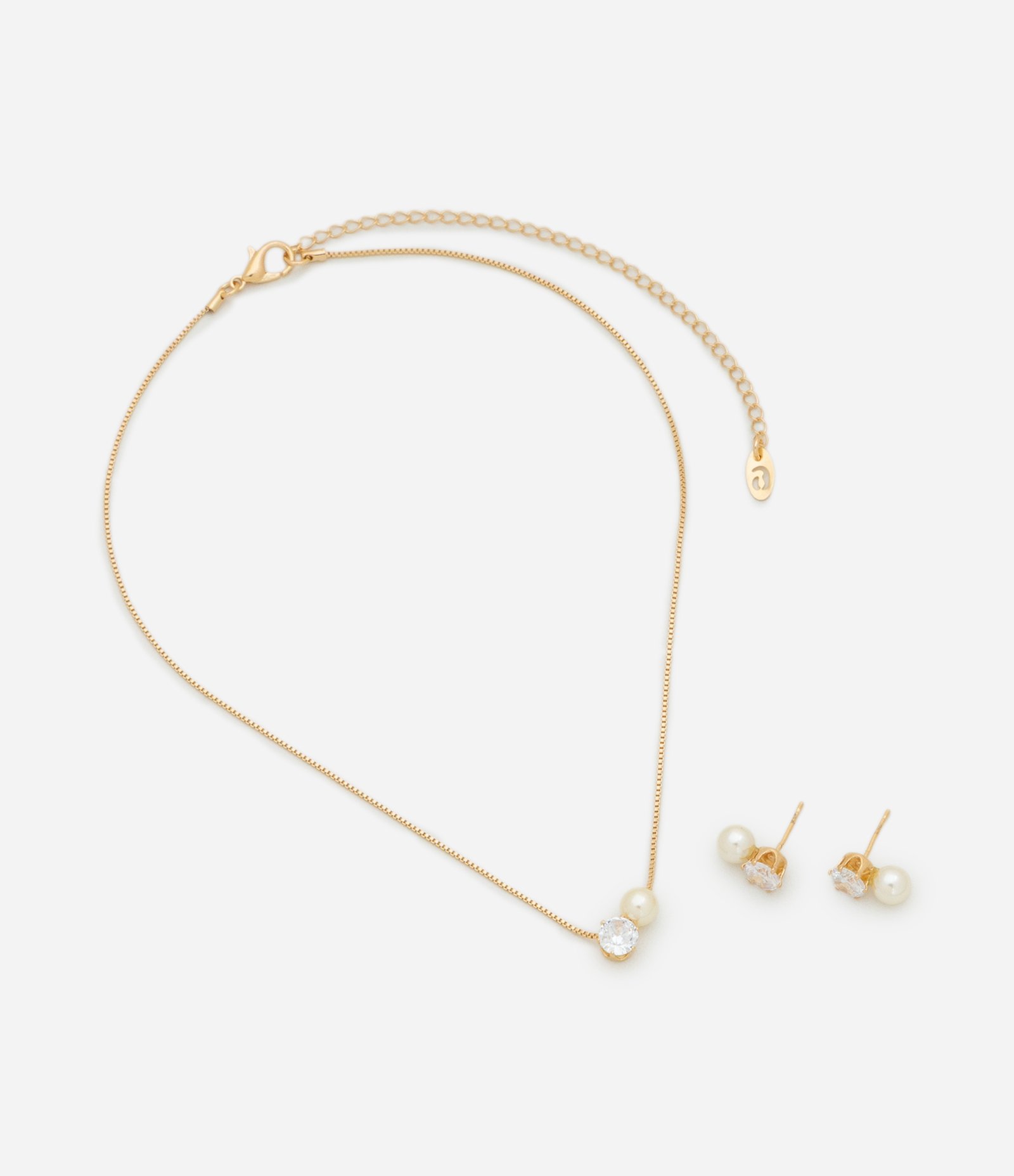 Conjunto de Colar e Brinco em Metal com Zircônia e Pérolas Dourado 2