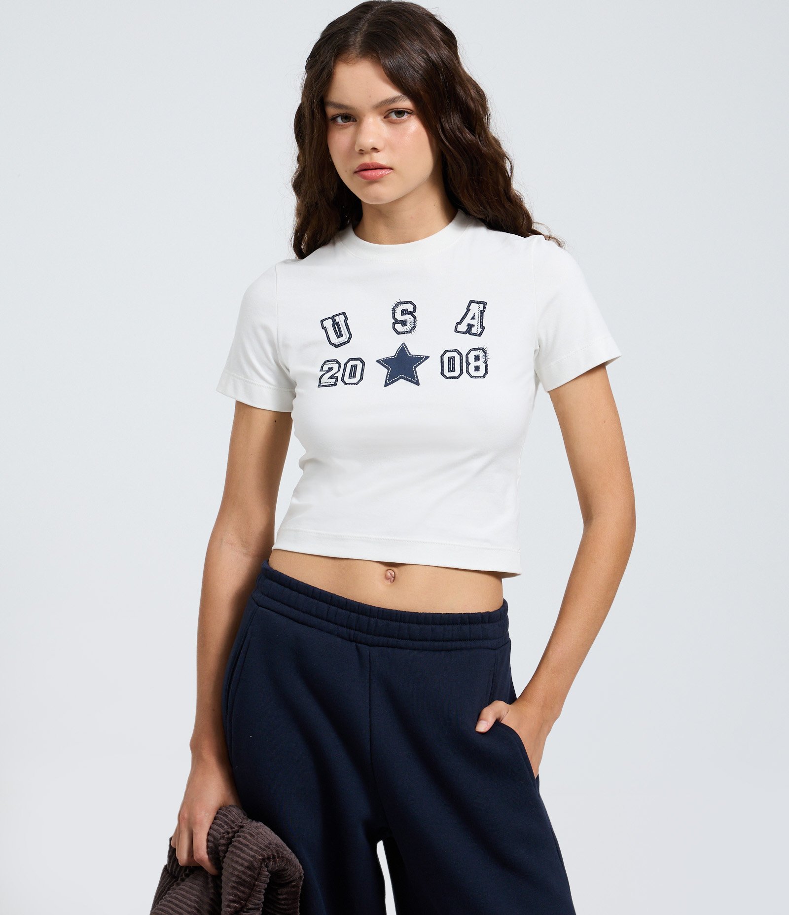 Blusa Baby Look em Algodão com Estampa USA Branco 3