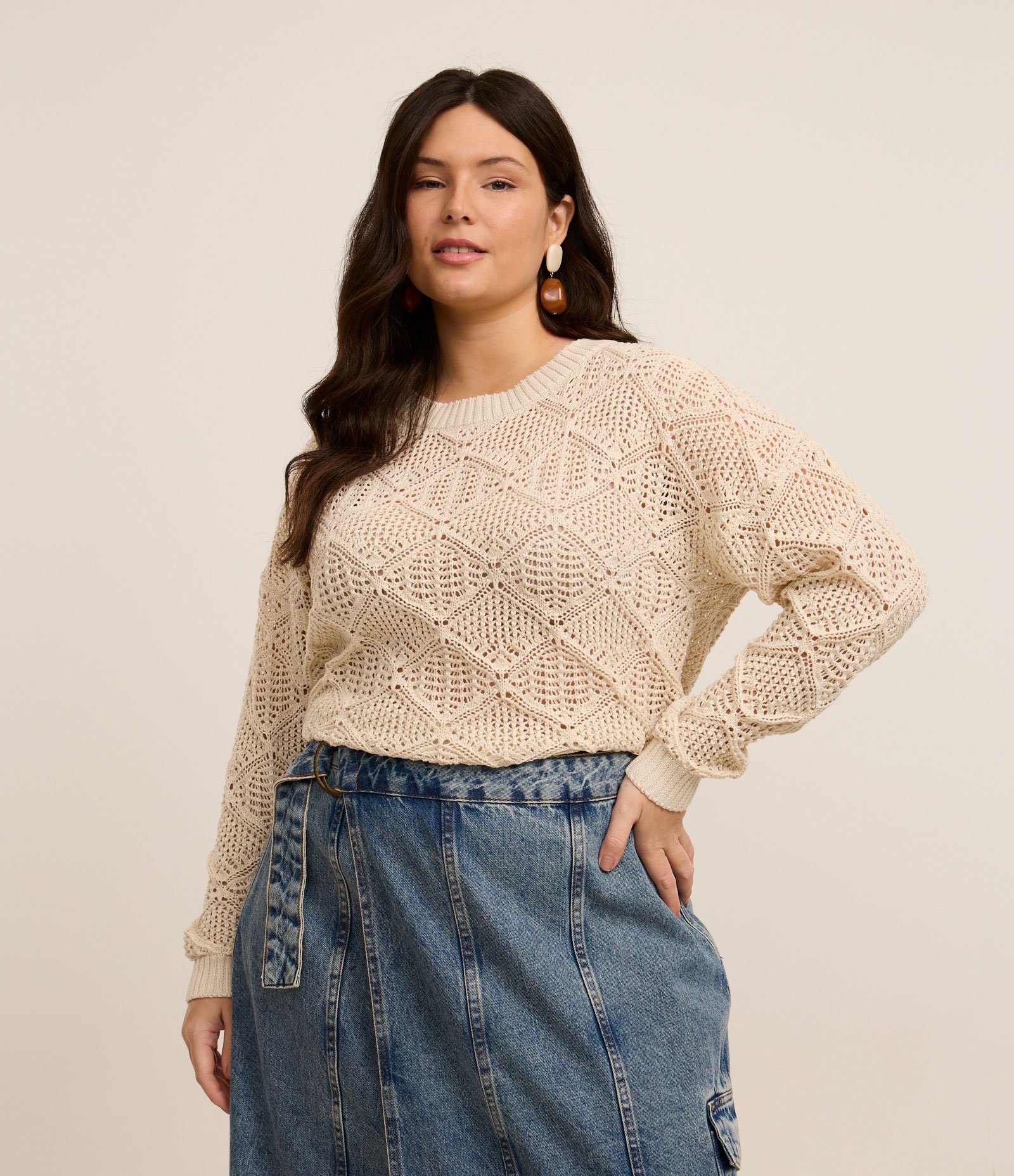 Blusa em Tricô com Ponto Aberto Curve & Plus Size Bege 1