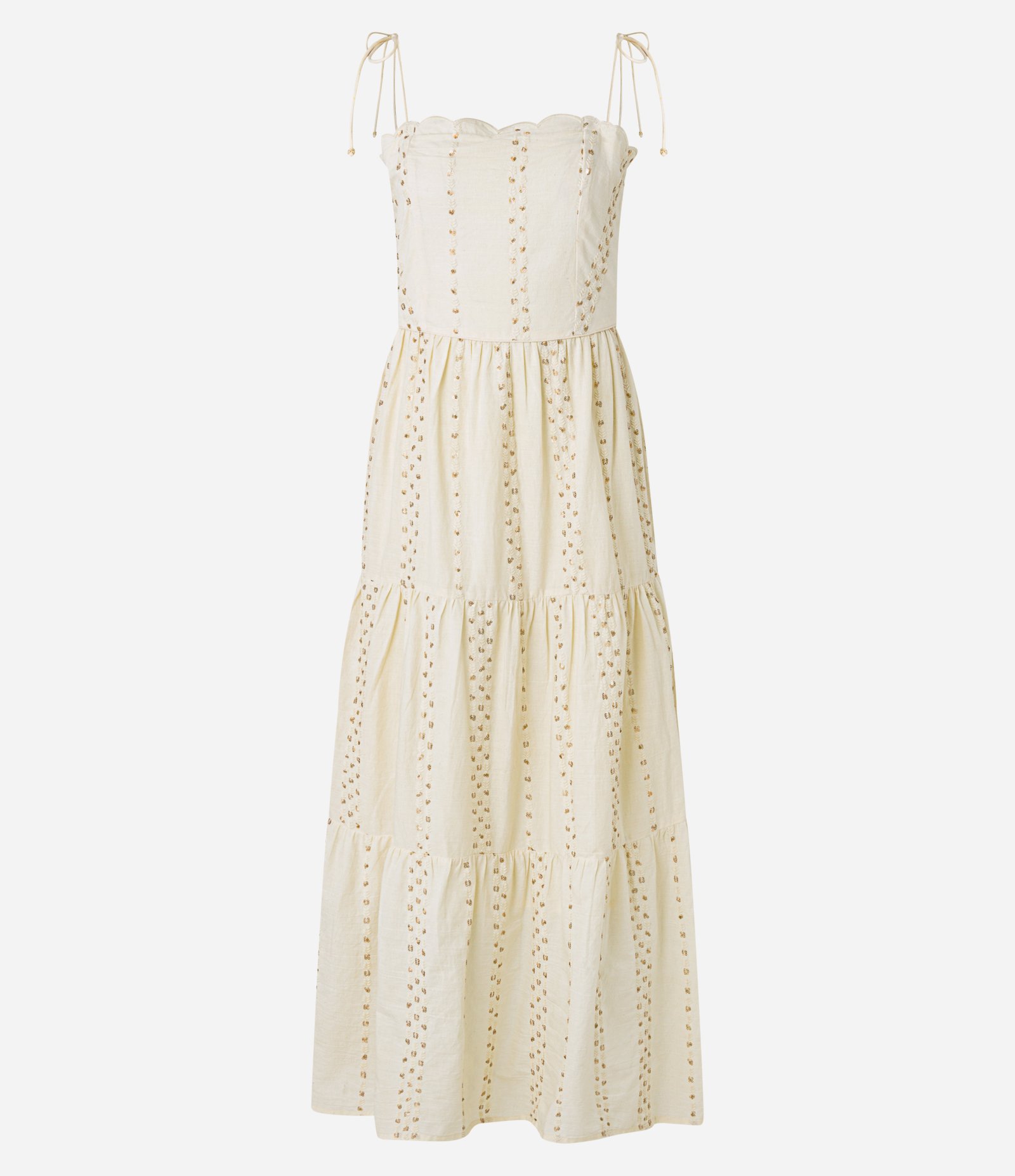 Vestido Evasê Midid em Voal com Bordado de Ramos e Lantejoulas Bege 5