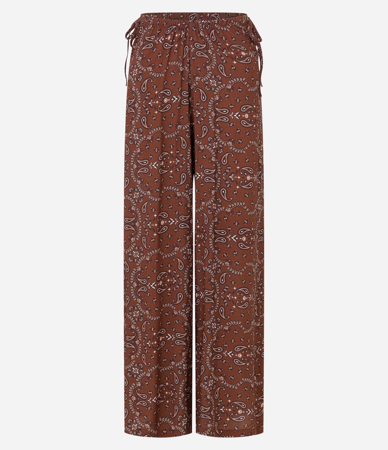 Saída de Praia Calça em Viscolinho com Estampa Paisley e Amarração na Cintura Marrom 5