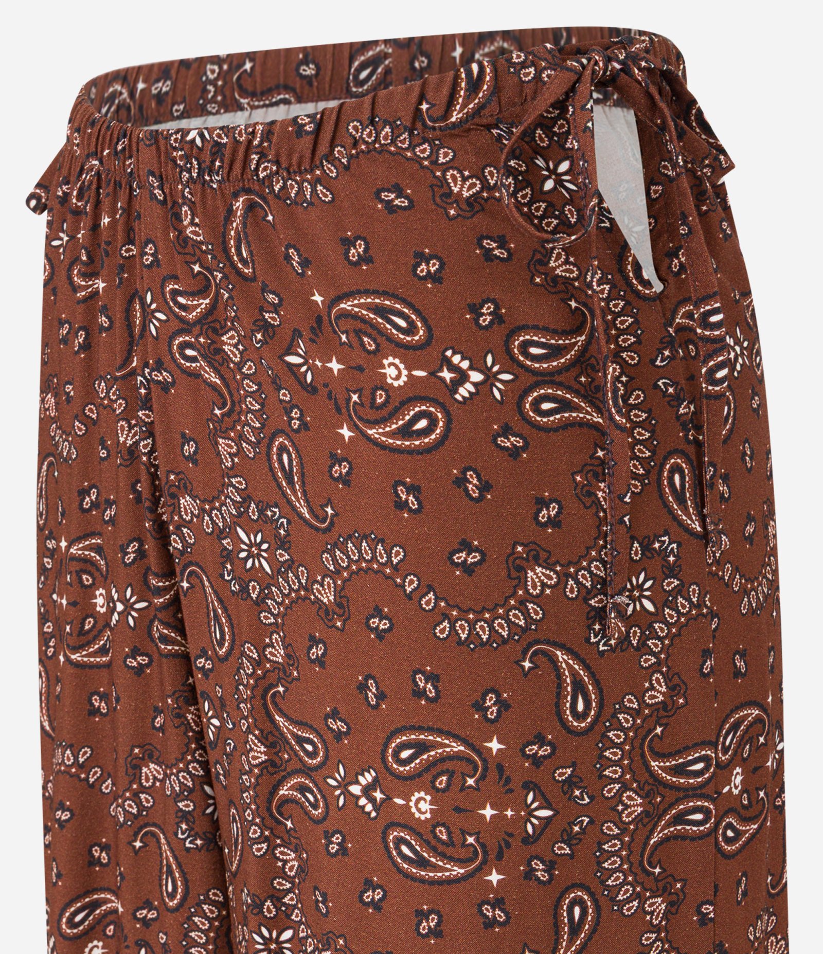 Saída de Praia Calça em Viscolinho com Estampa Paisley e Amarração na Cintura Marrom 6