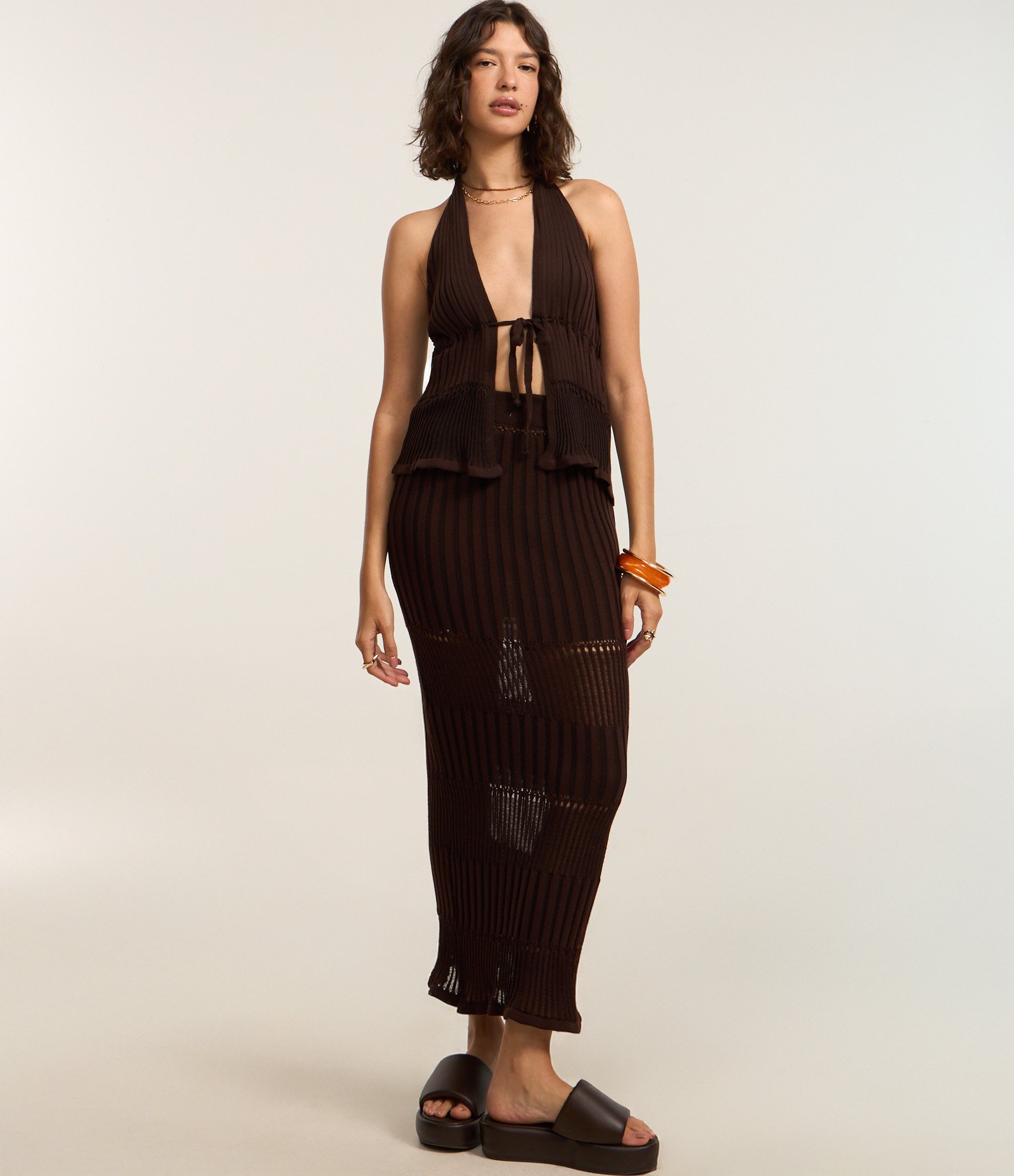 Saia New Midi em Tricô Texturizado Marrom 1