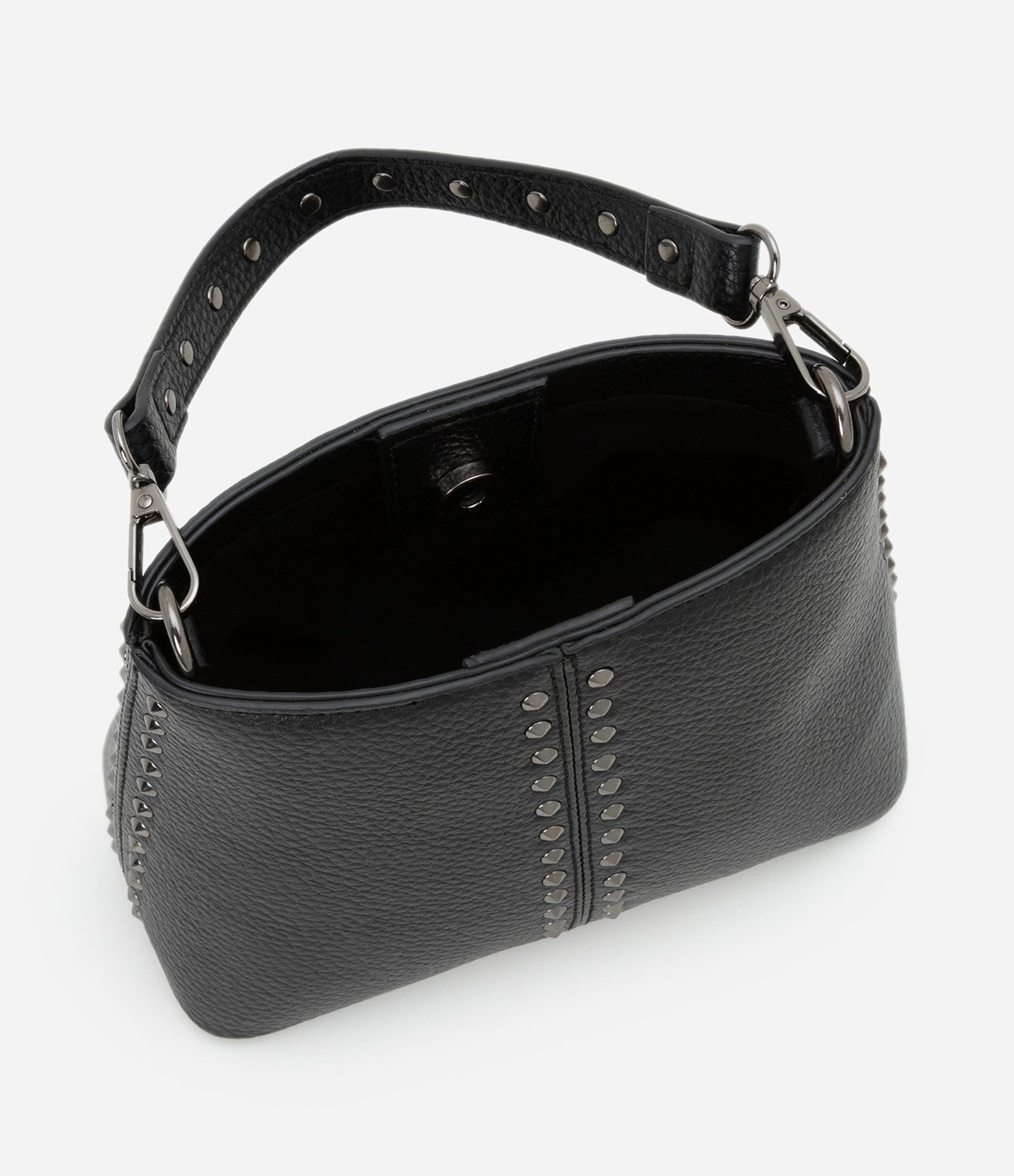 Bolsa Bucket Pequena com Detalhes de Spikes e Metais Preto 6