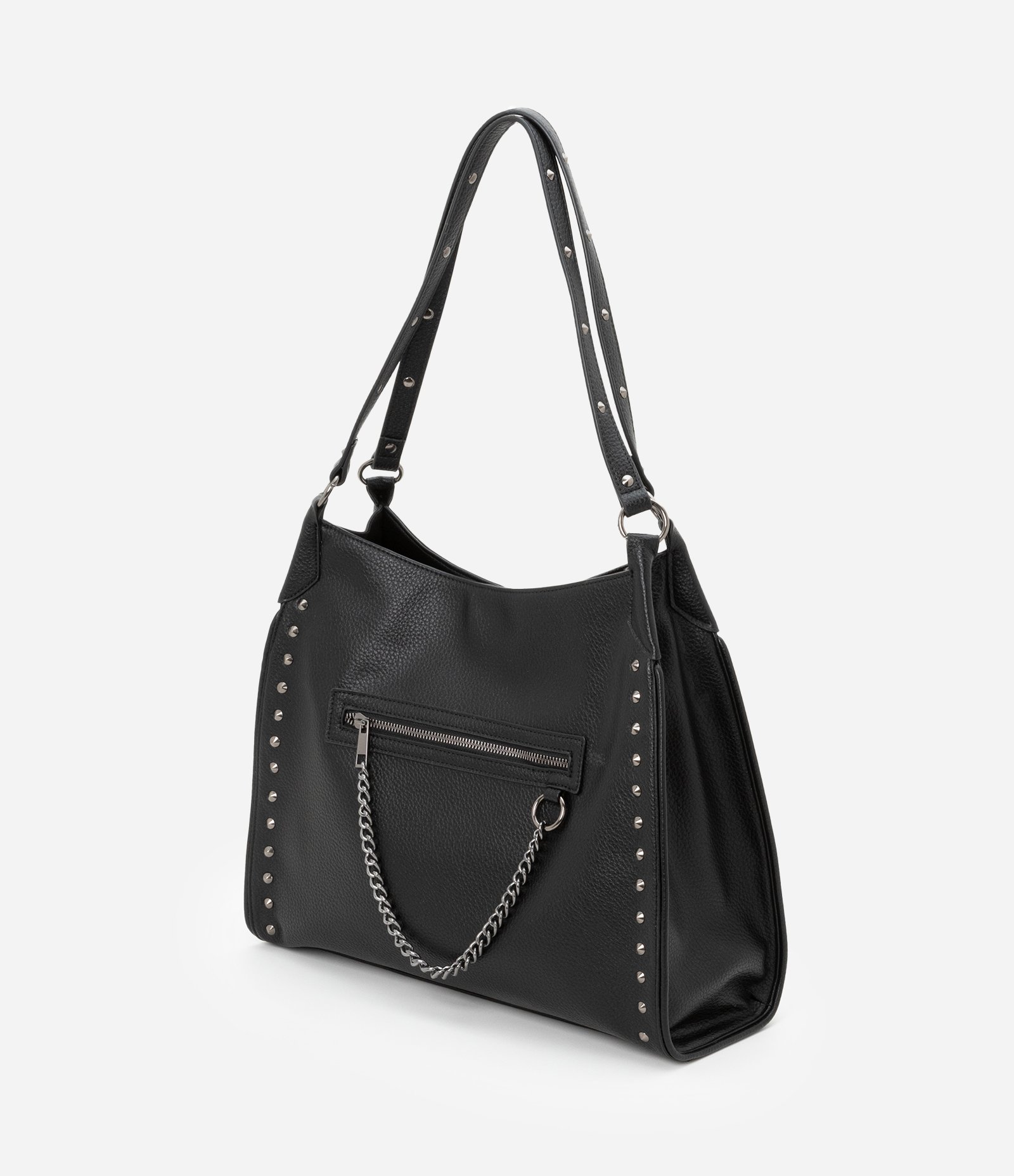 Bolsa Hobo Floater com Detalhes em Spikes e Metais com Bolsinho Frontal Preto 6