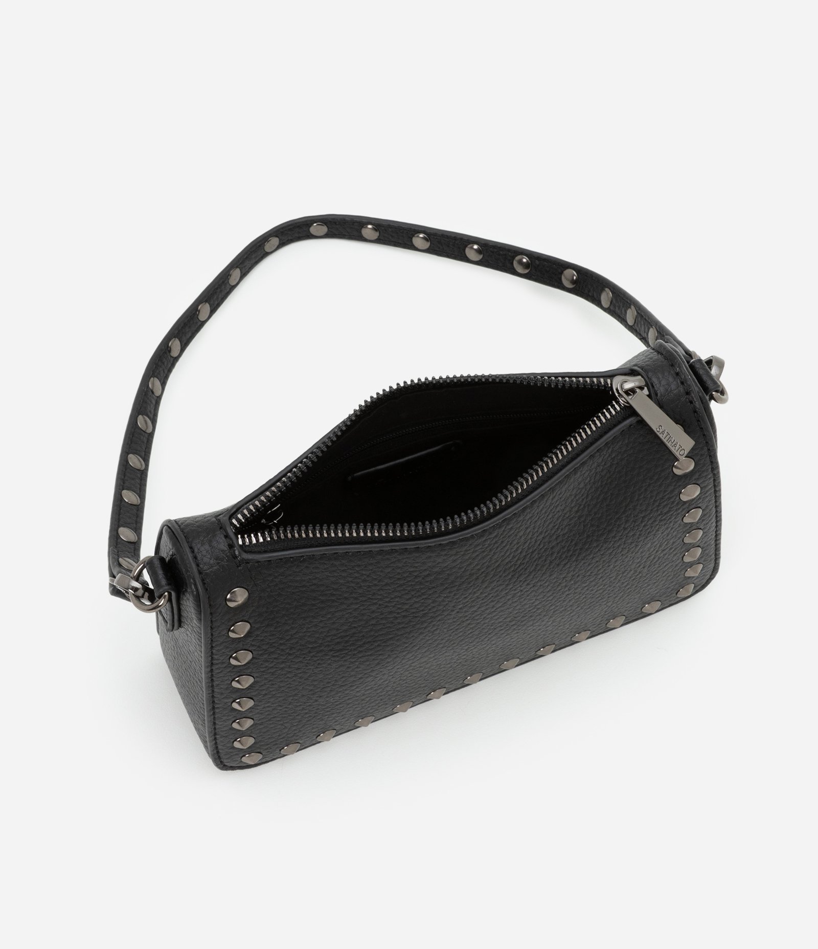 Bolsa Baguete Pequena com Spikes e Metais Preto 8