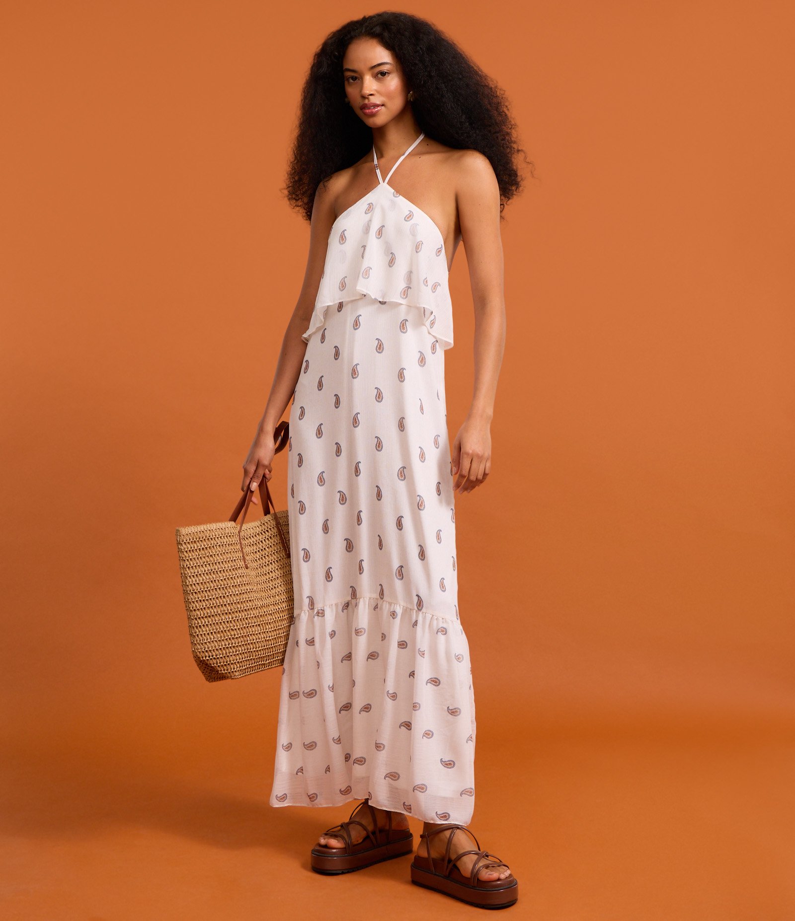 Vestido Longo Boho em Chiffon com Babado e Estampa Paisley Branco 4