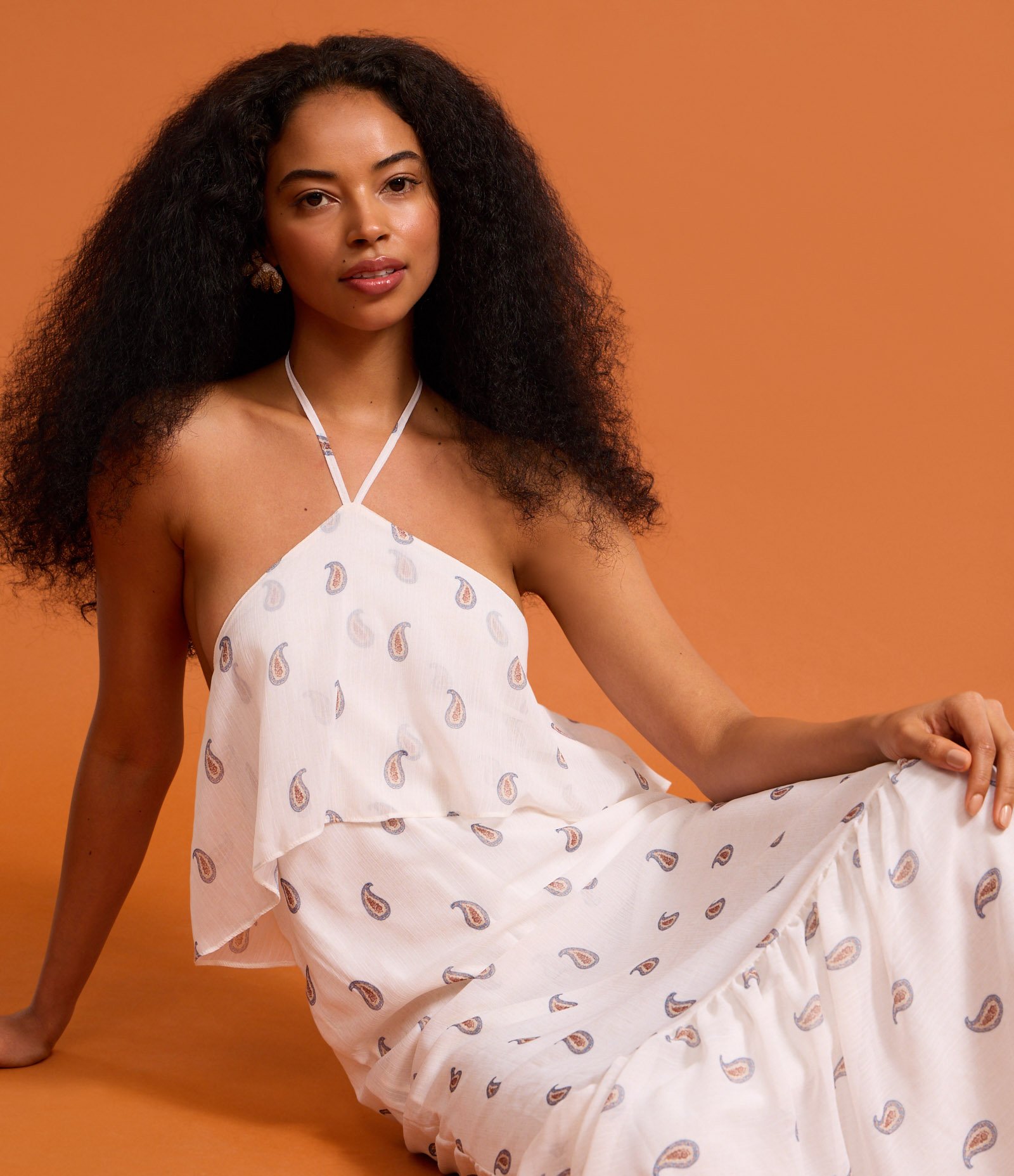 Vestido Longo Boho em Chiffon com Babado e Estampa Paisley Branco 5