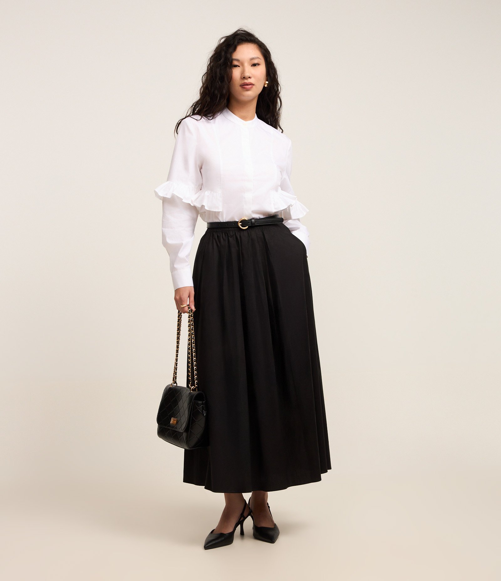 Camisa em Tricoline com Botões e Babado nas Mangas Branco 2