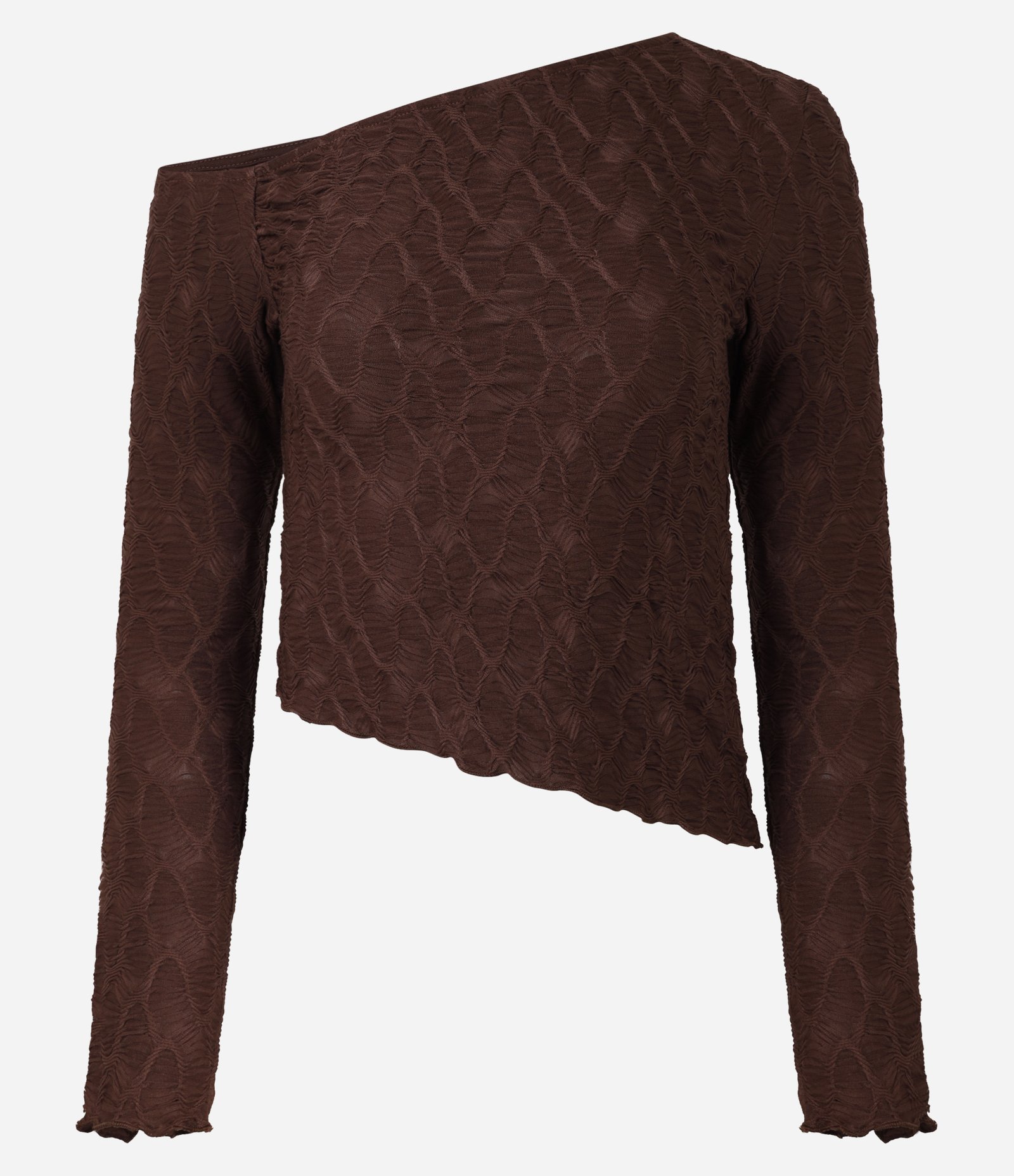 Blusa Texturizada com Barra Assimétrica e Frufru Marrom 6
