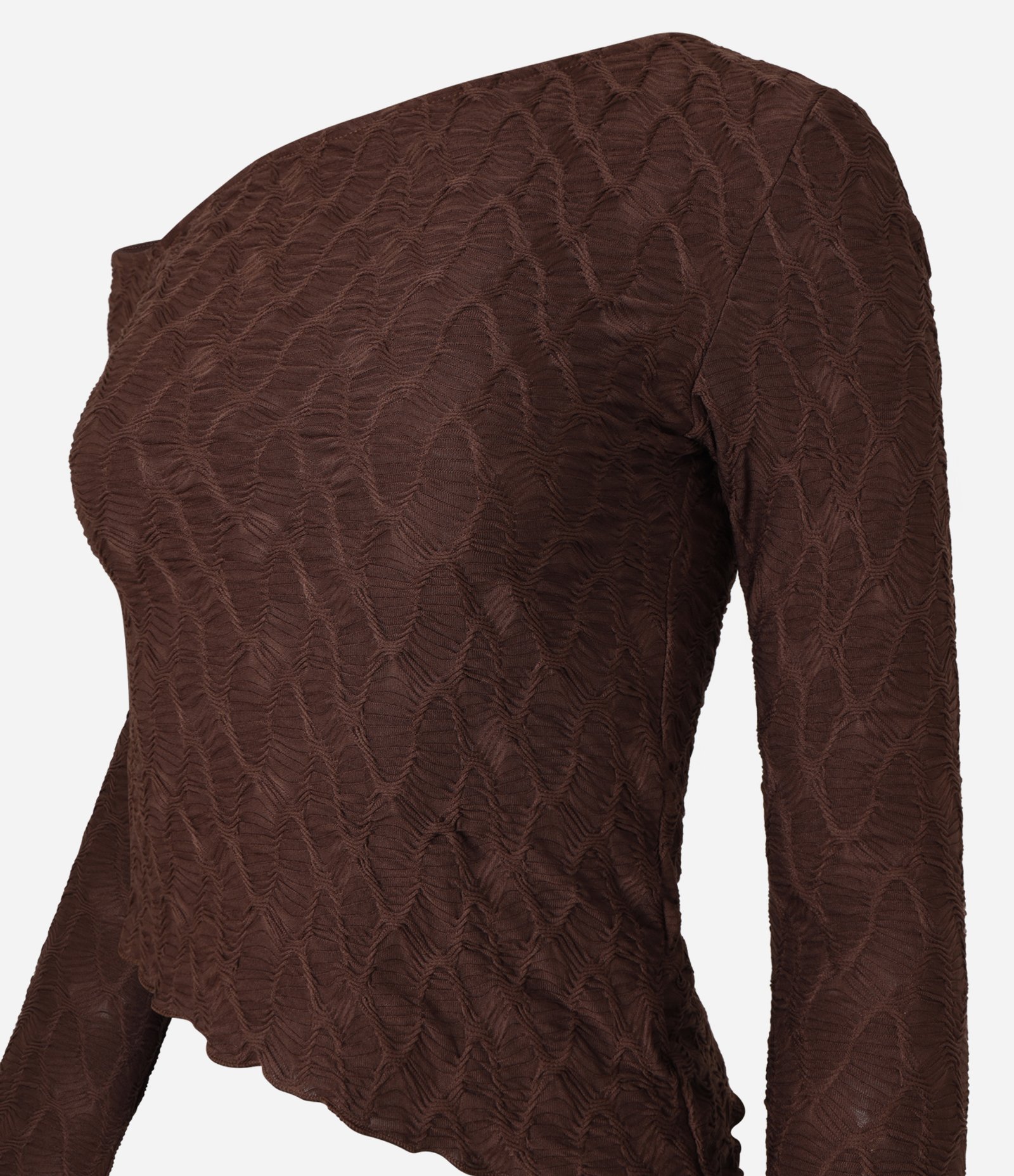 Blusa Texturizada com Barra Assimétrica e Frufru Marrom 7