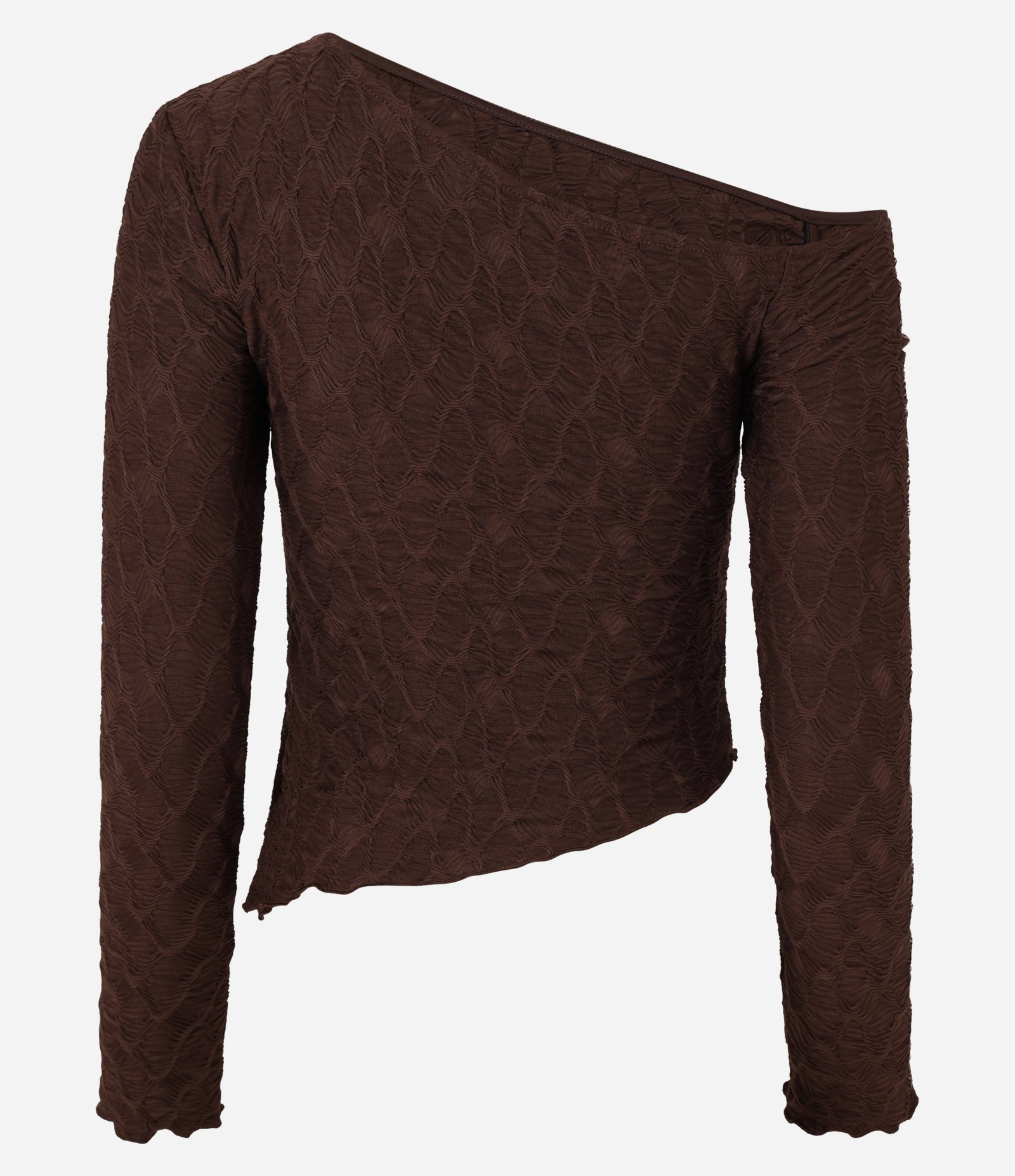 Blusa Texturizada com Barra Assimétrica e Frufru Marrom 8