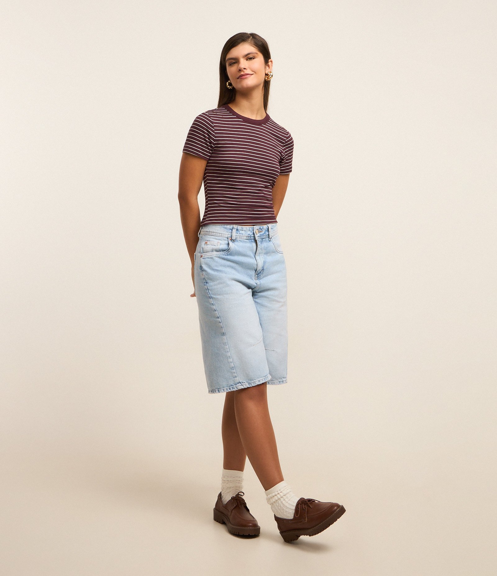 Blusa Cropped em Ribana Básica Listrada Vinho 2