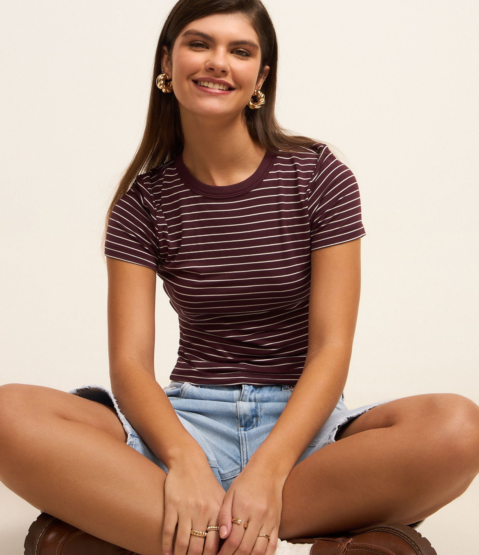 Blusa Cropped em Ribana Básica Listrada Vinho 3