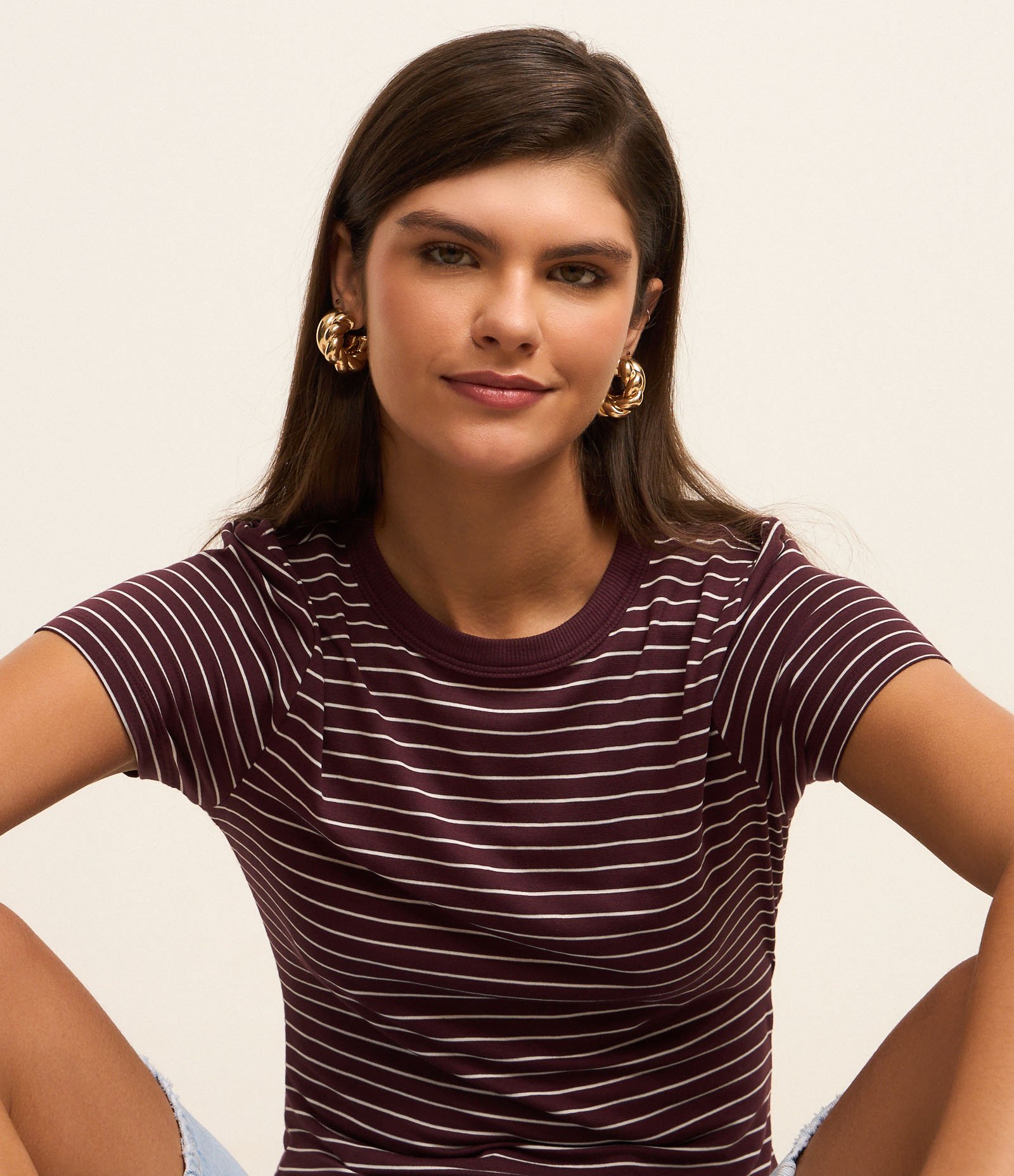Blusa Cropped em Ribana Básica Listrada Vinho 4