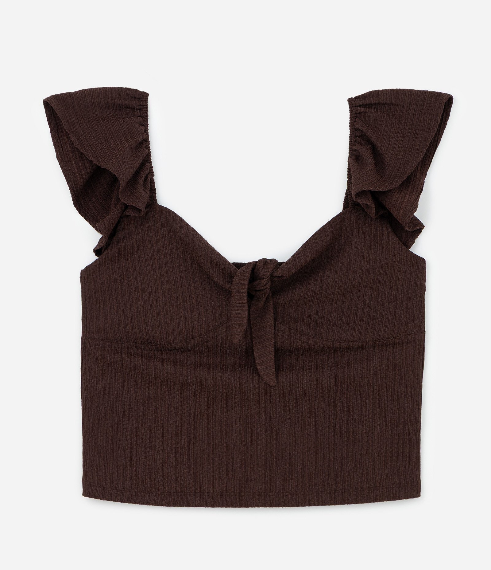 Blusa em Anarruga com Amarração Frontal e Babado na Alça Curve & Plus Size Marrom 1