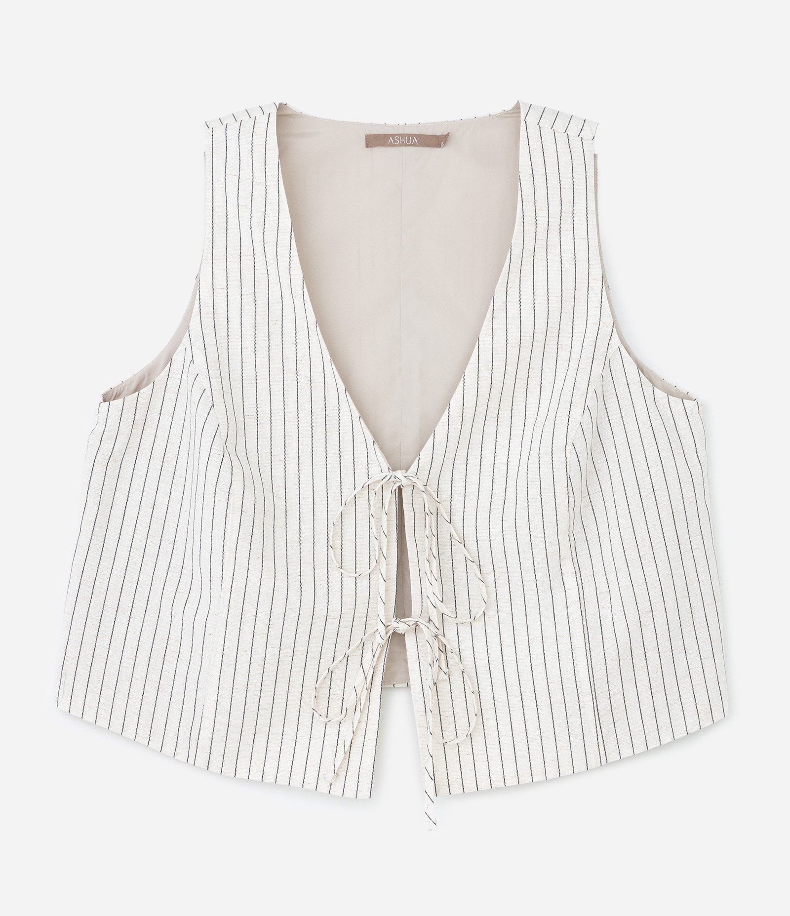 Blusa Colete em Viscolinho Listrado com Amarrações Frontais Curve & Plus Size Off White 1