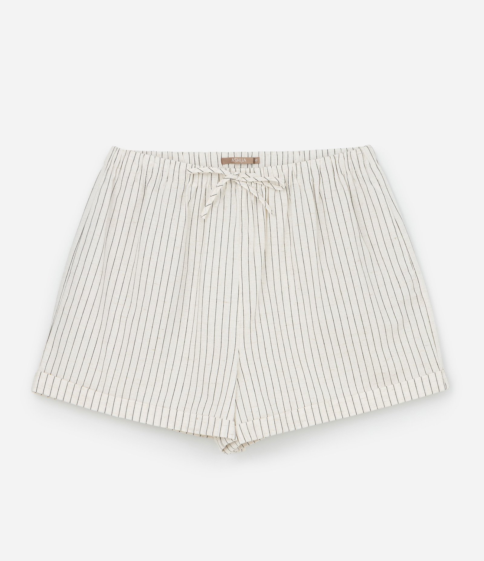 Short em Viscolinho Listrado com Amarração na Cintura e Bolsos Curve & Plus Size Off White 1