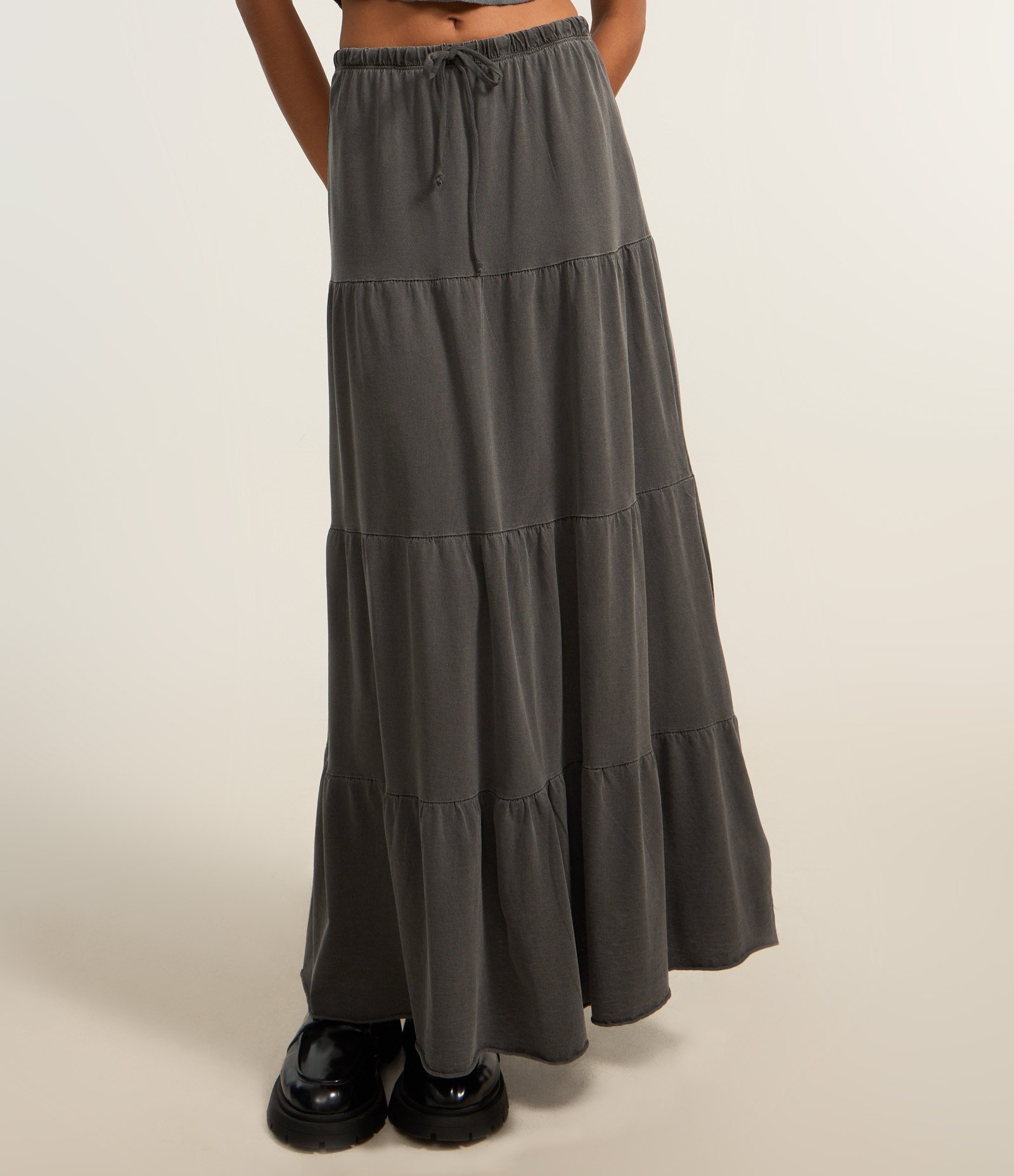 Saia Evasê New Midi em Algodão Estonado com Babados Cinza 3