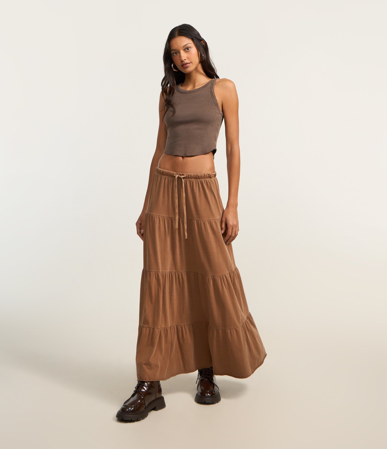 Saia Evasê New Midi em Algodão Estonado com Babados Marrom 1