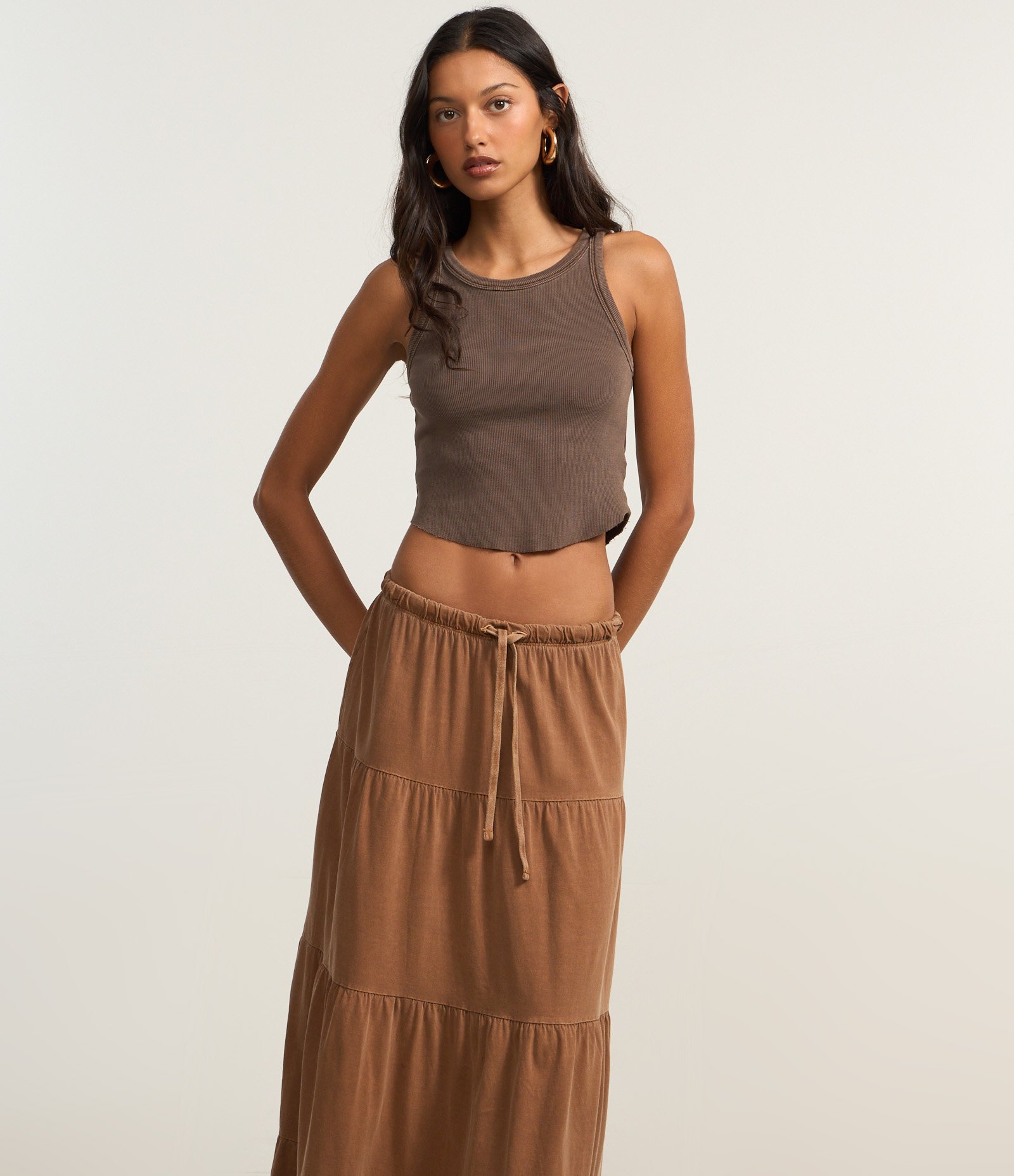 Saia Evasê New Midi em Algodão Estonado com Babados Marrom 2