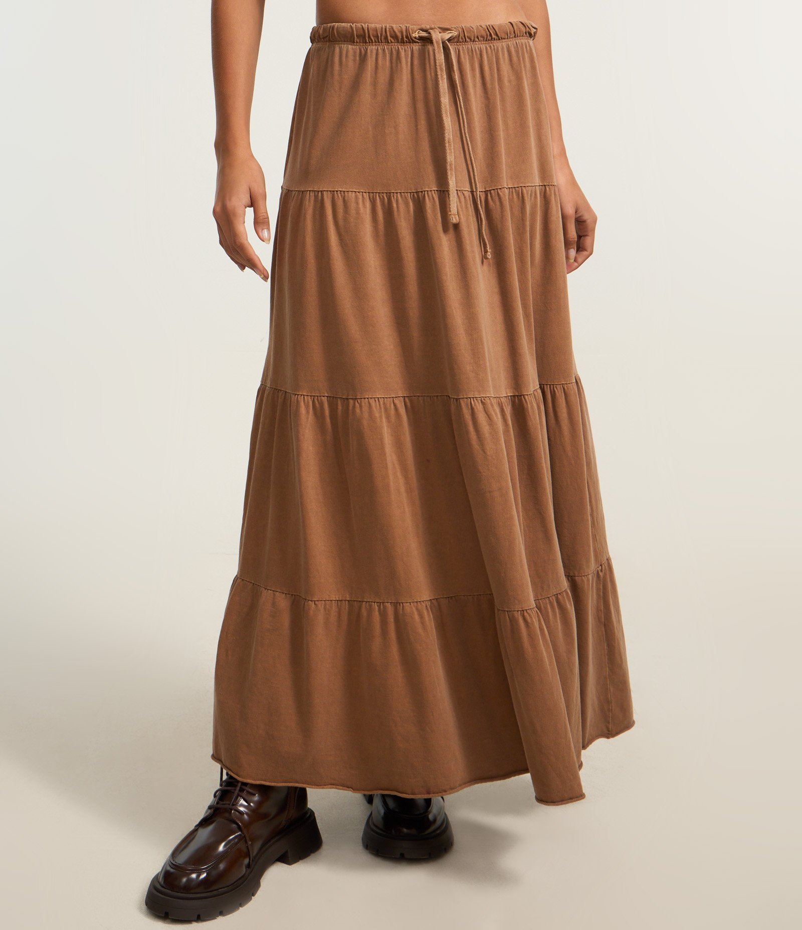 Saia Evasê New Midi em Algodão Estonado com Babados Marrom 3