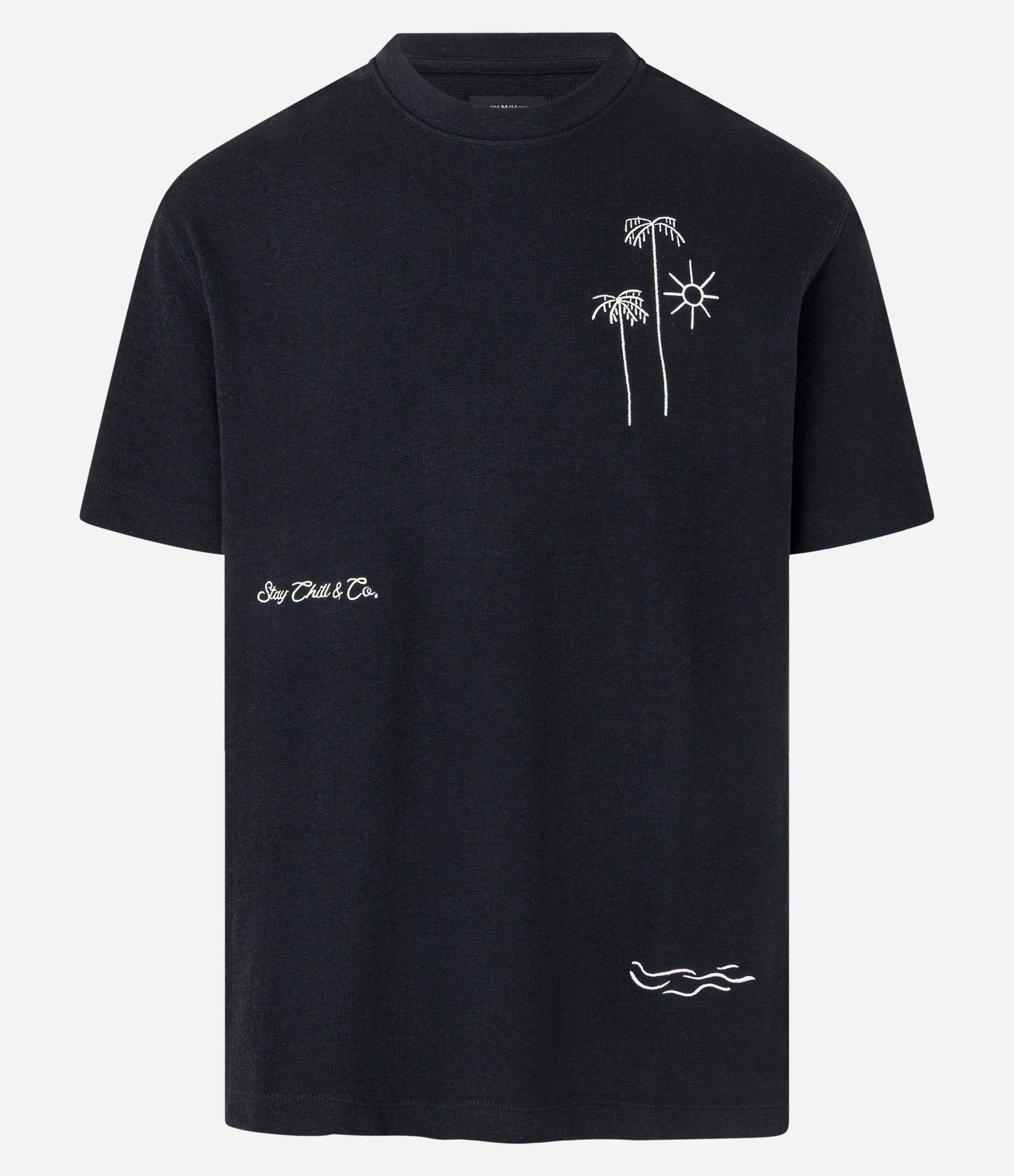 Camiseta Relaxed com Textura e Estampa Bordada de Coqueiros e Sol Preto 5