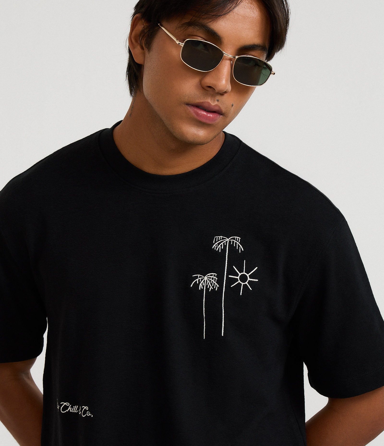 Camiseta Relaxed com Textura e Estampa Bordada de Coqueiros e Sol Preto 4