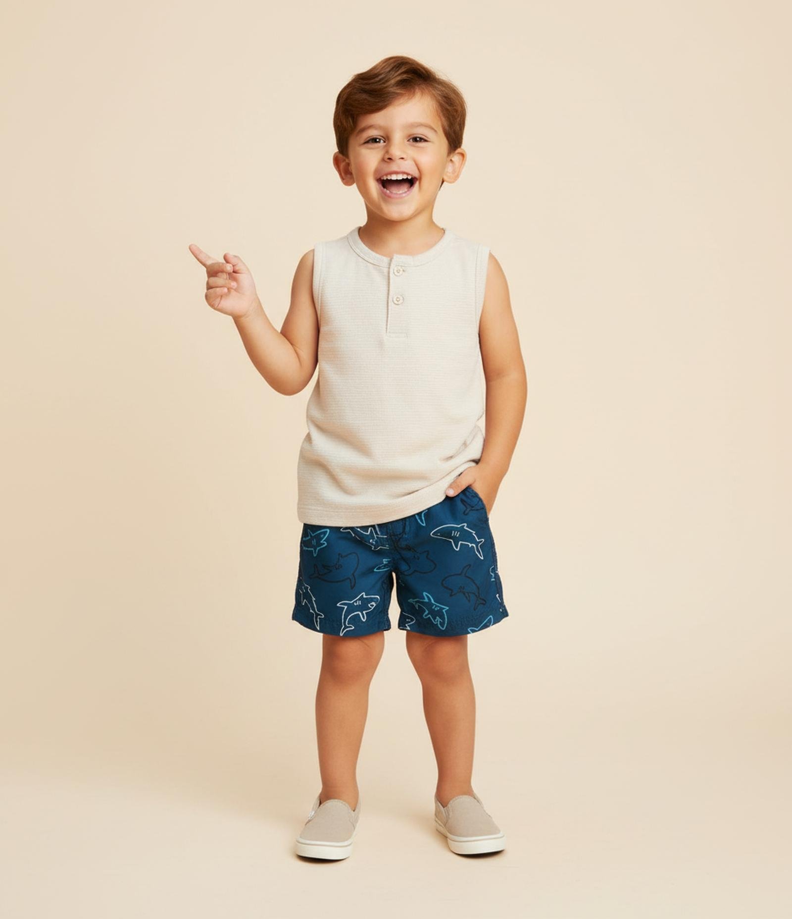 Bermuda Infantil com Estampa de Tubarão - Tam 1 a 6 Anos Azul 1