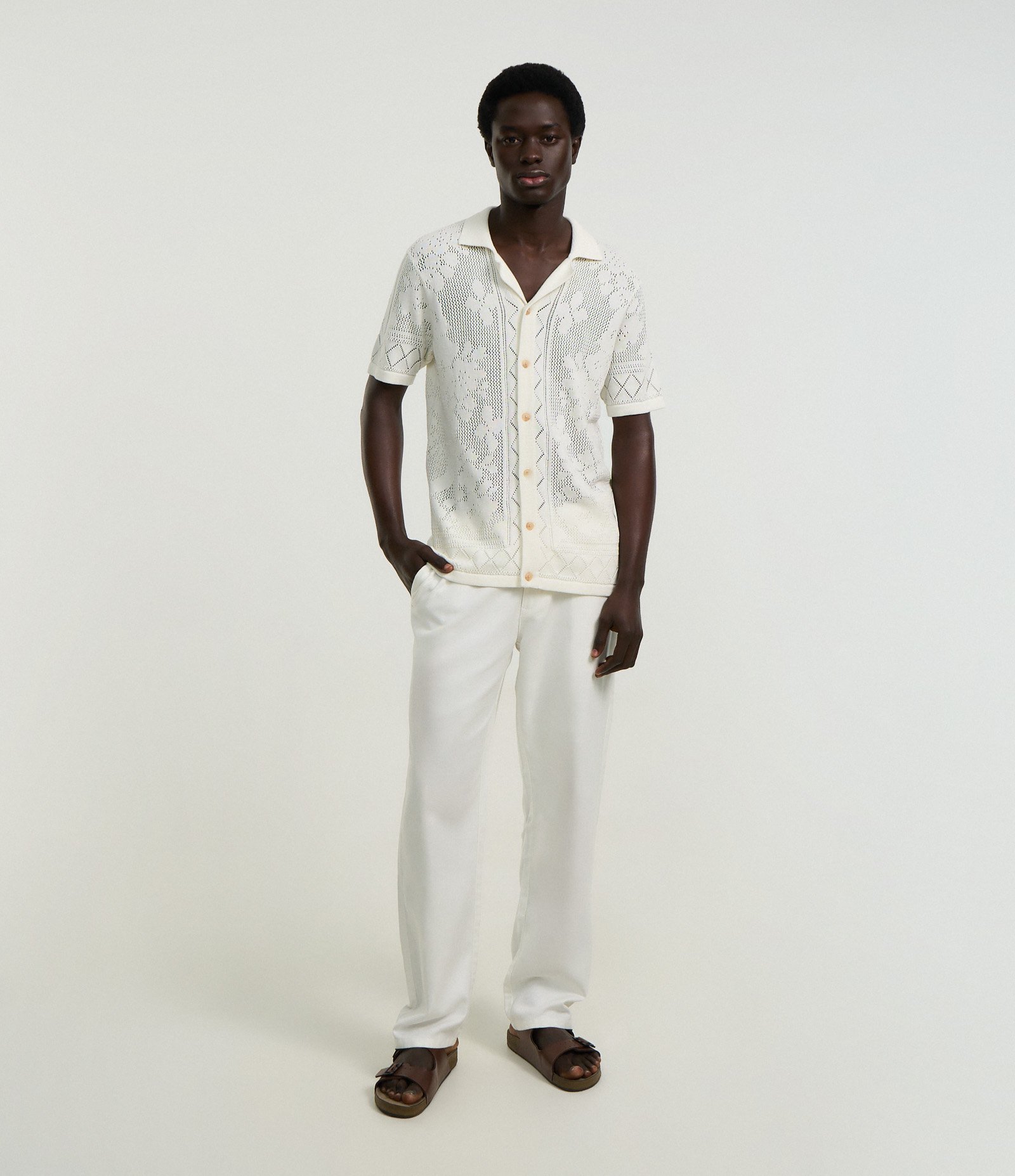 Camisa Regular em Algodão com Textura e Efeito Crochê Off White 2