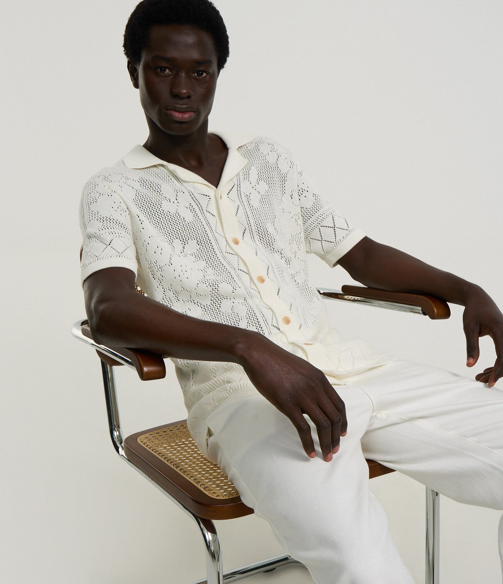 Camisa Regular em Algodão com Textura e Efeito Crochê Off White 3