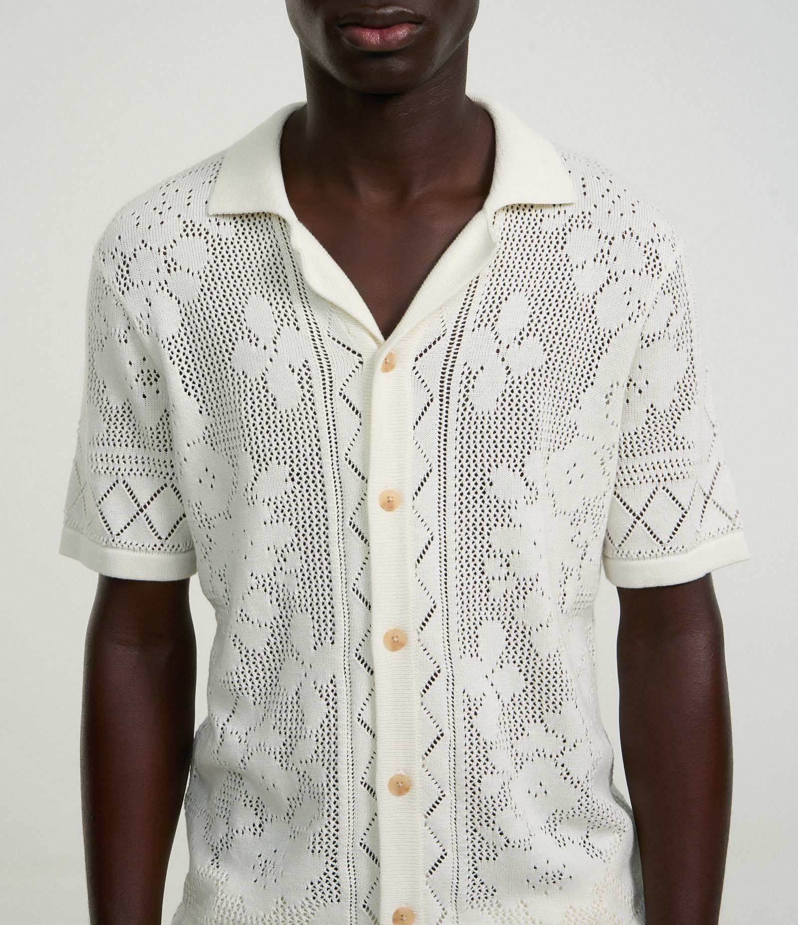 Camisa Regular em Algodão com Textura e Efeito Crochê Off White 4