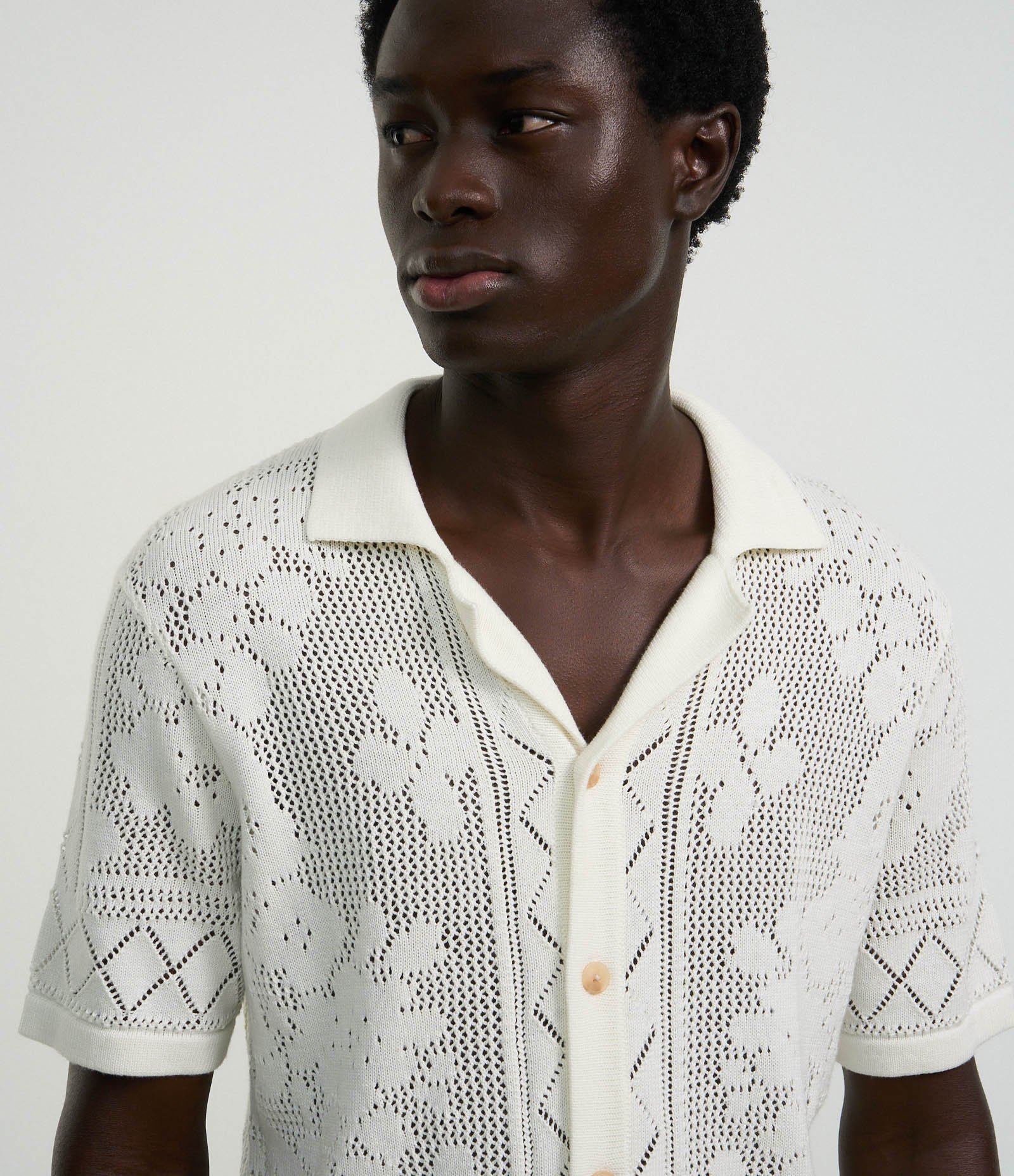 Camisa Regular em Algodão com Textura e Efeito Crochê Off White 5