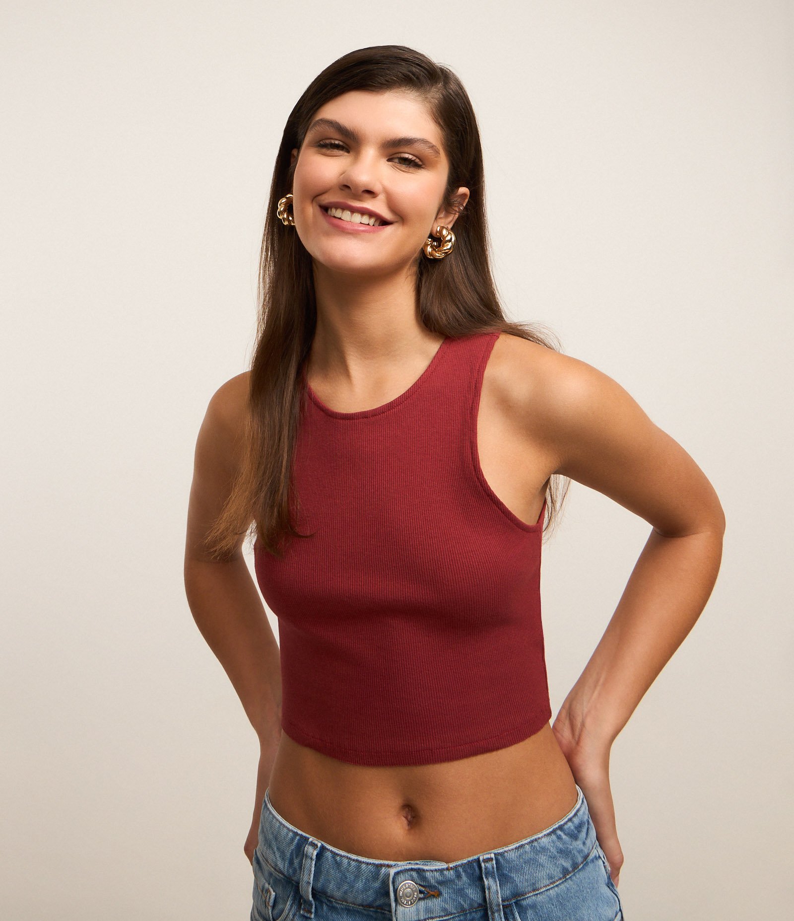 Blusa Cropped sem Manga em Algodão com Textura Canelada Vermelho 1