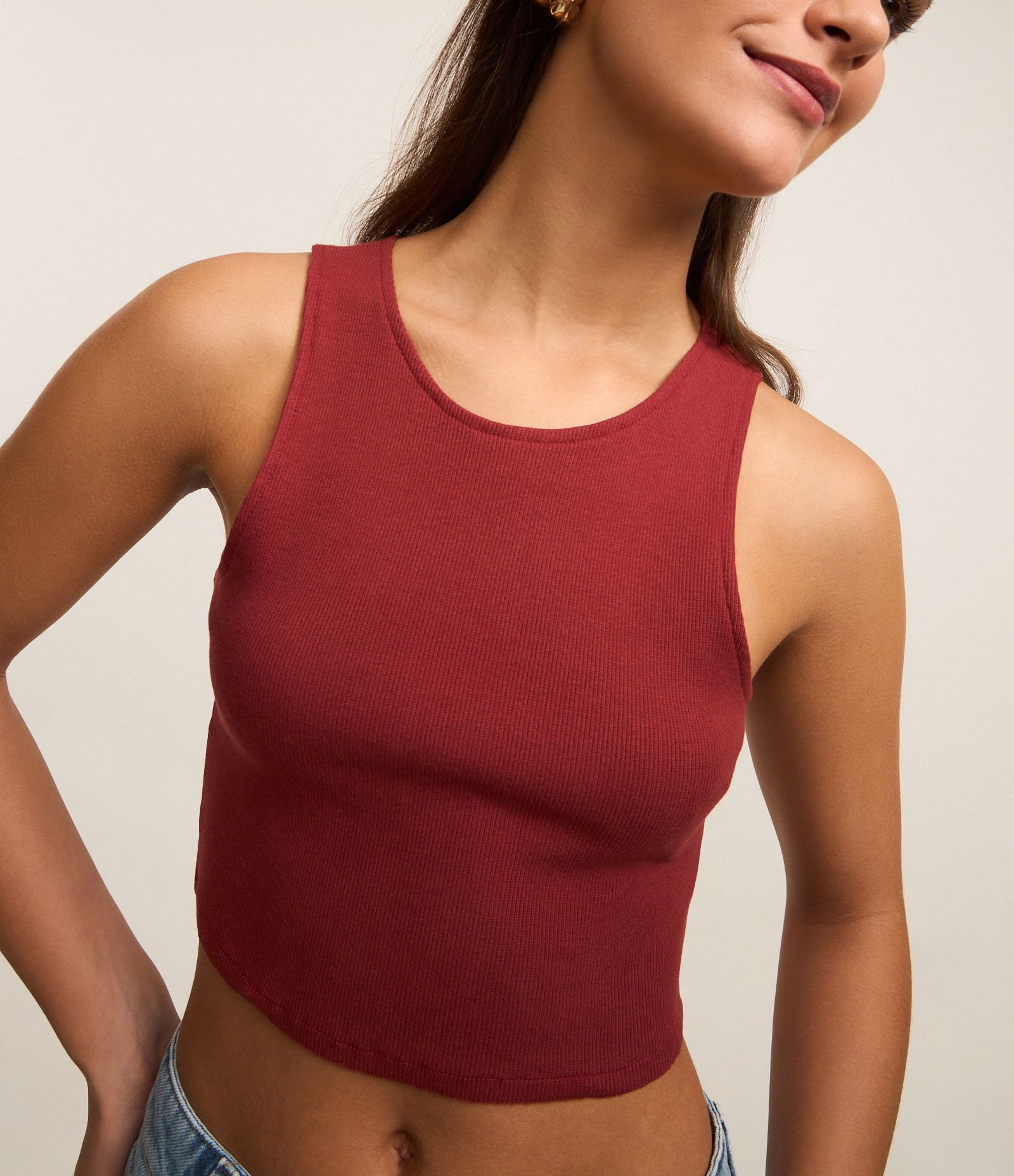 Blusa Cropped sem Manga em Algodão com Textura Canelada Vermelho 3