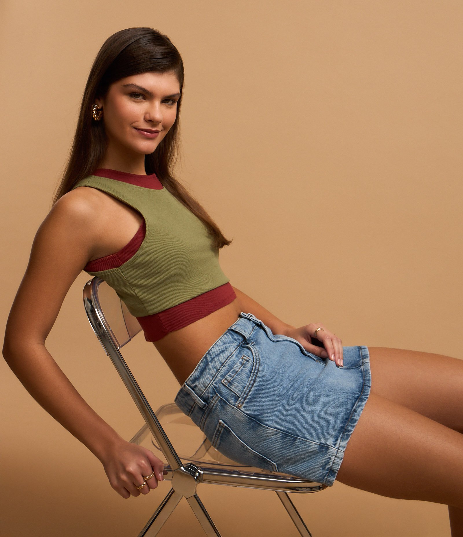 Blusa Cropped sem Manga em Algodão com Textura Canelada Verde 3