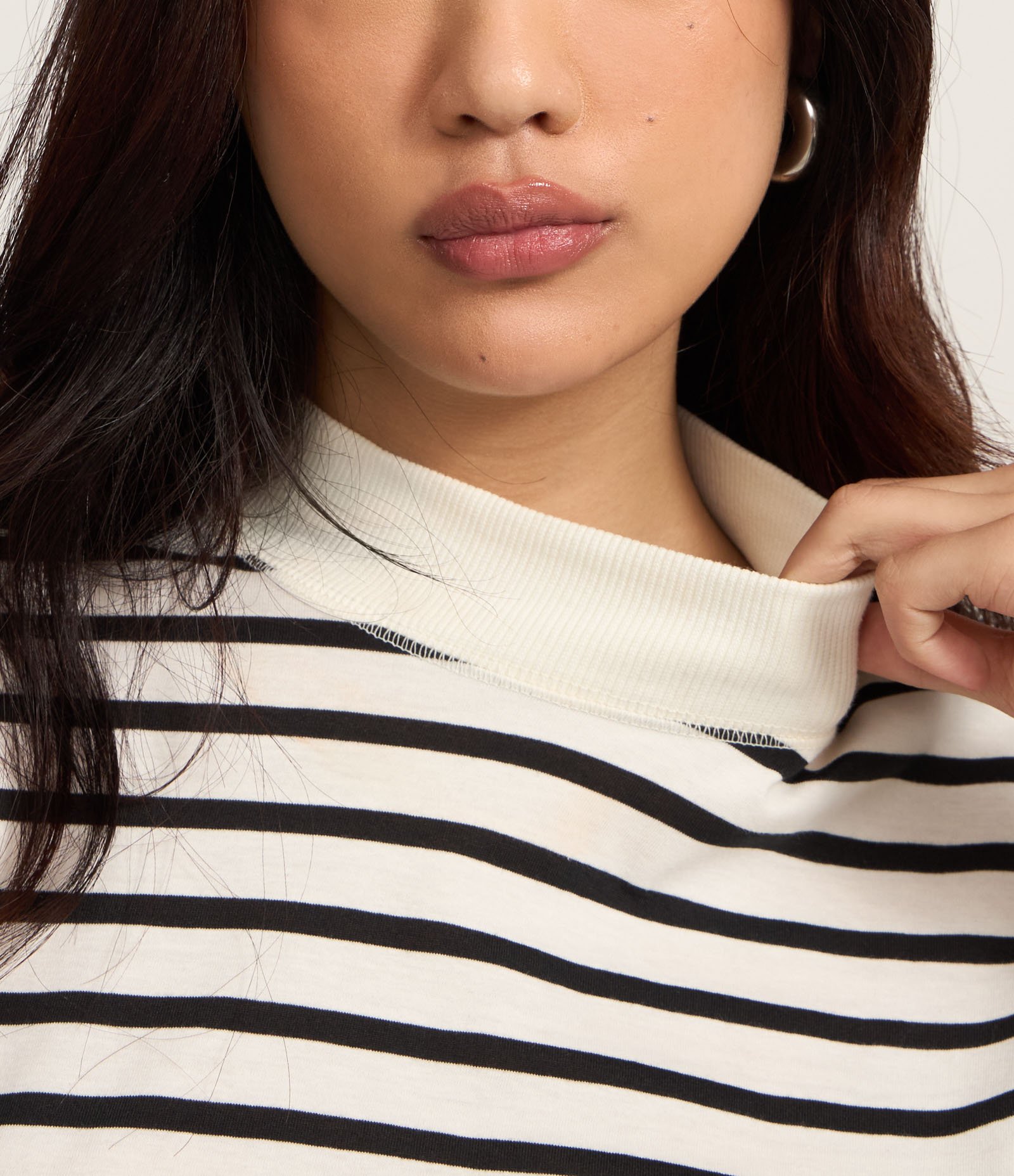 Camiseta em Algodão com Gola Alta e Listras Branco 3