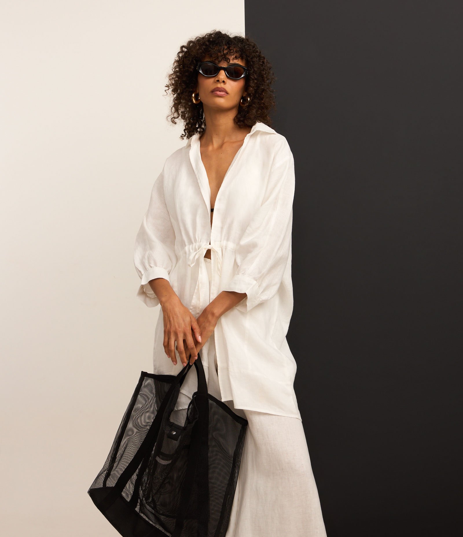 Saída de Praia Bata em Linho Puro com Amarração Frontal Branco 2