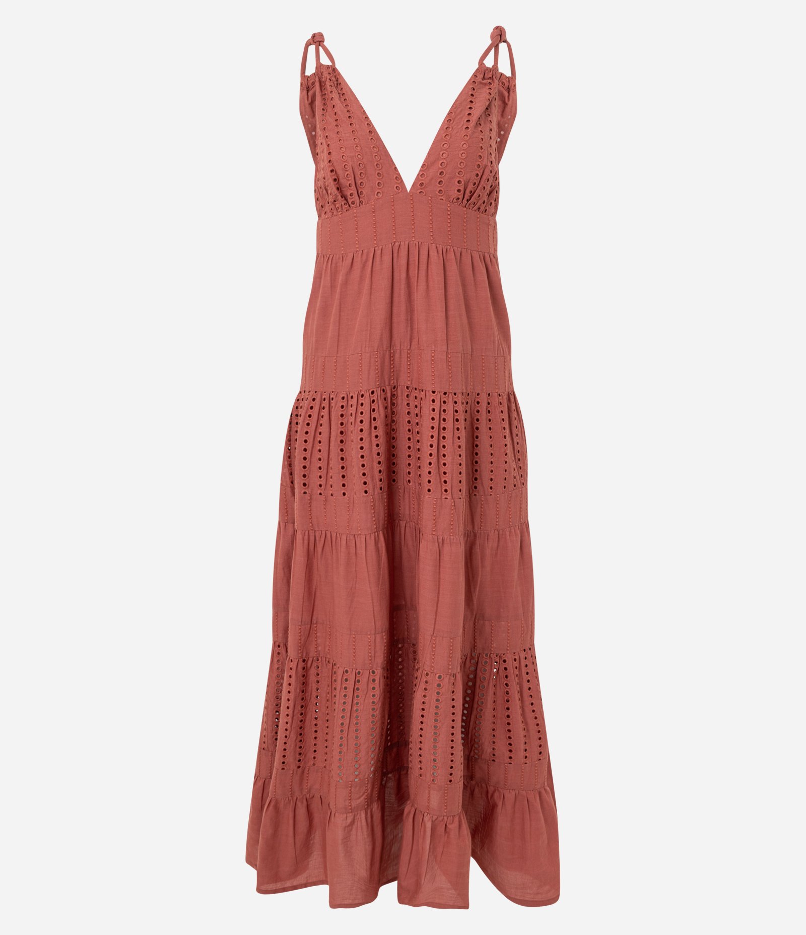 Vestido Evasê em Laise com Alça Torcida e Bordados Vazados Terracota 5