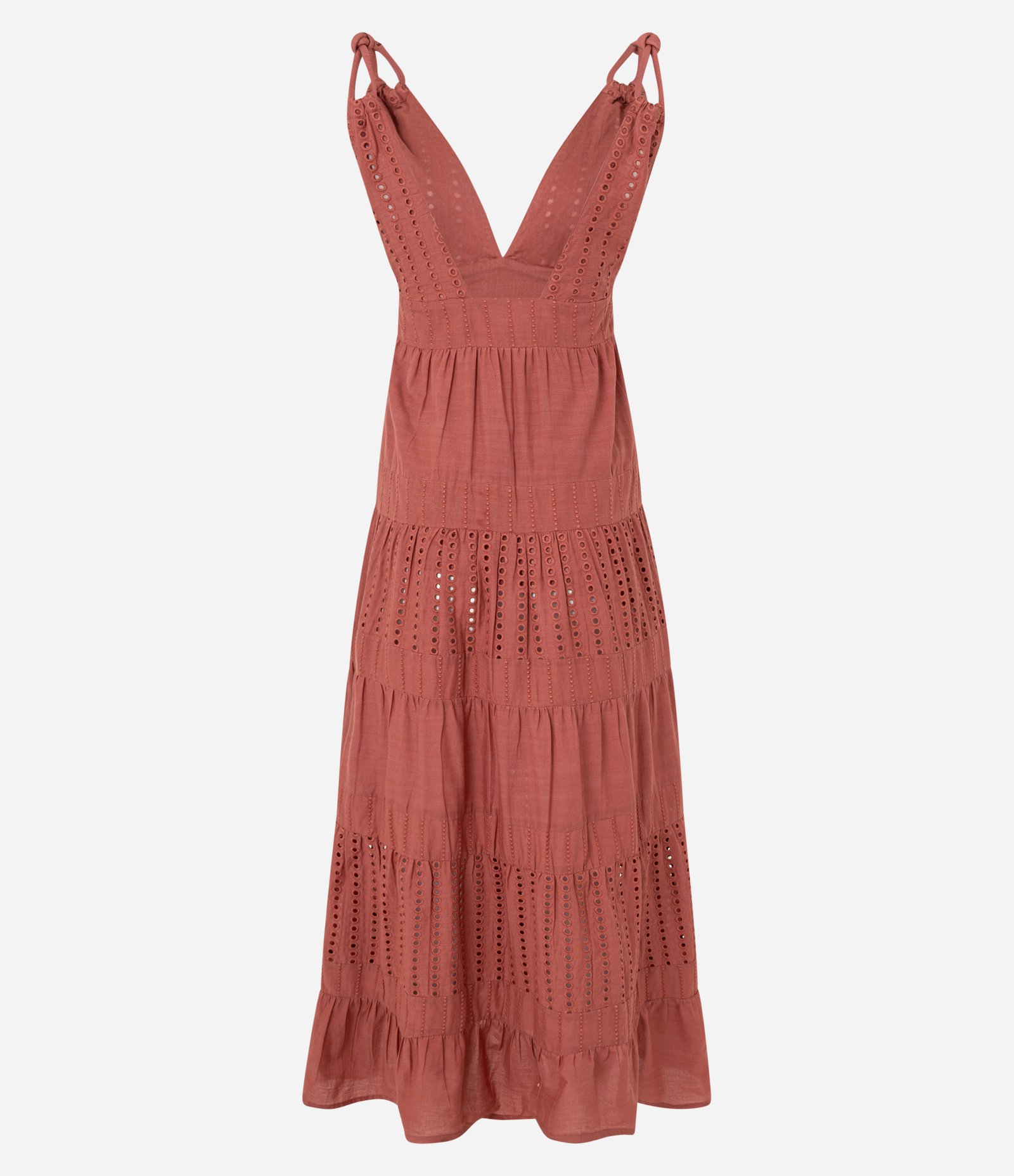 Vestido Evasê em Laise com Alça Torcida e Bordados Vazados Terracota 7