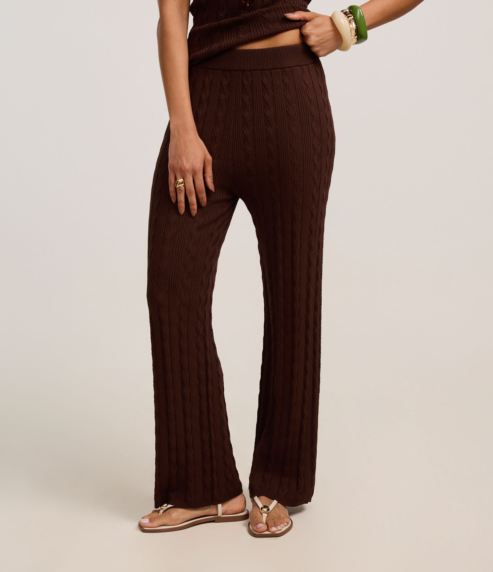 Calça Reta Cintura Alta em Tricô com Mix de Pontos Marrom 3