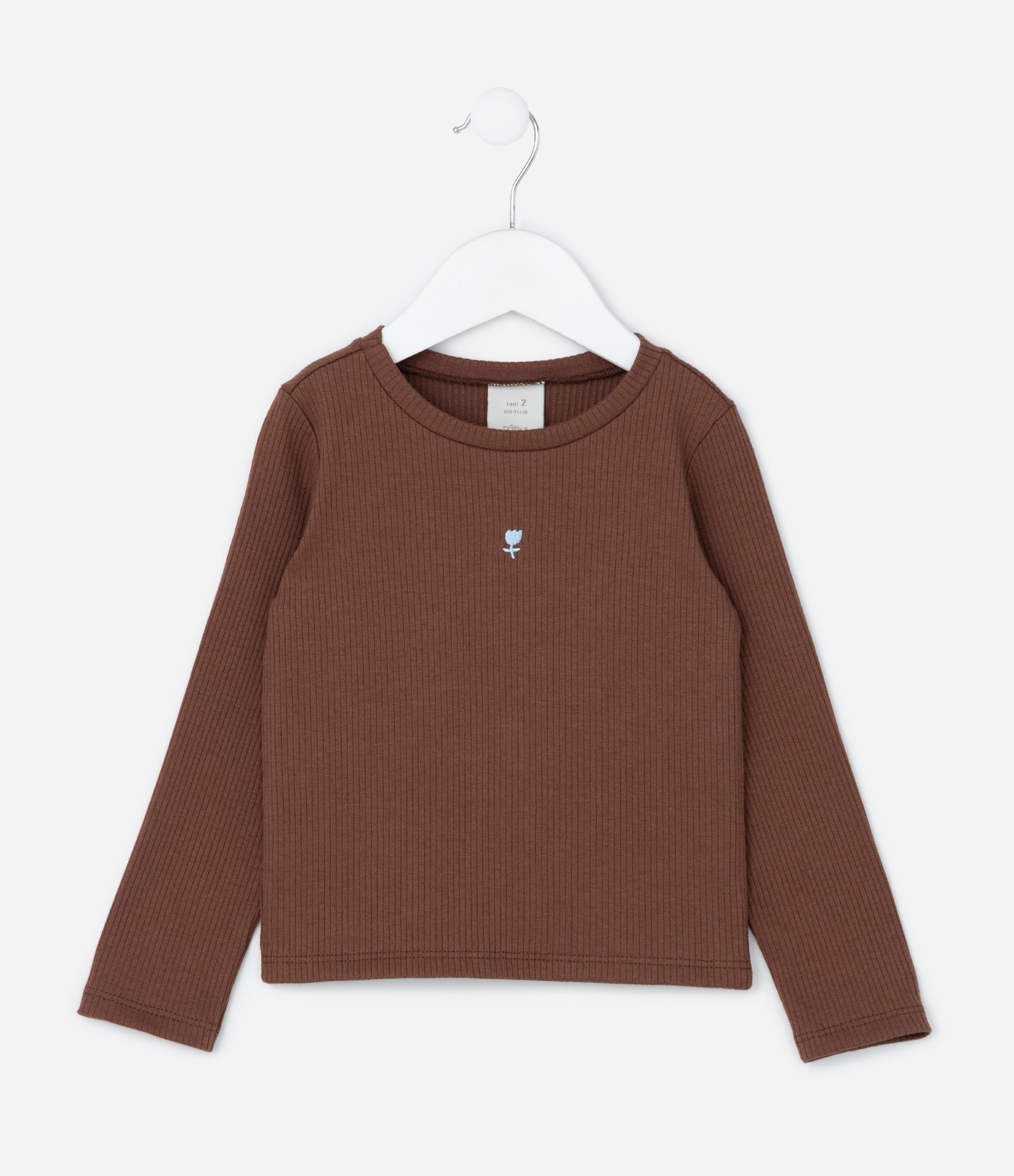 Blusa Infantil Canelada com Bordado Tulipa - Tam 1 a 6 Anos Marrom 1
