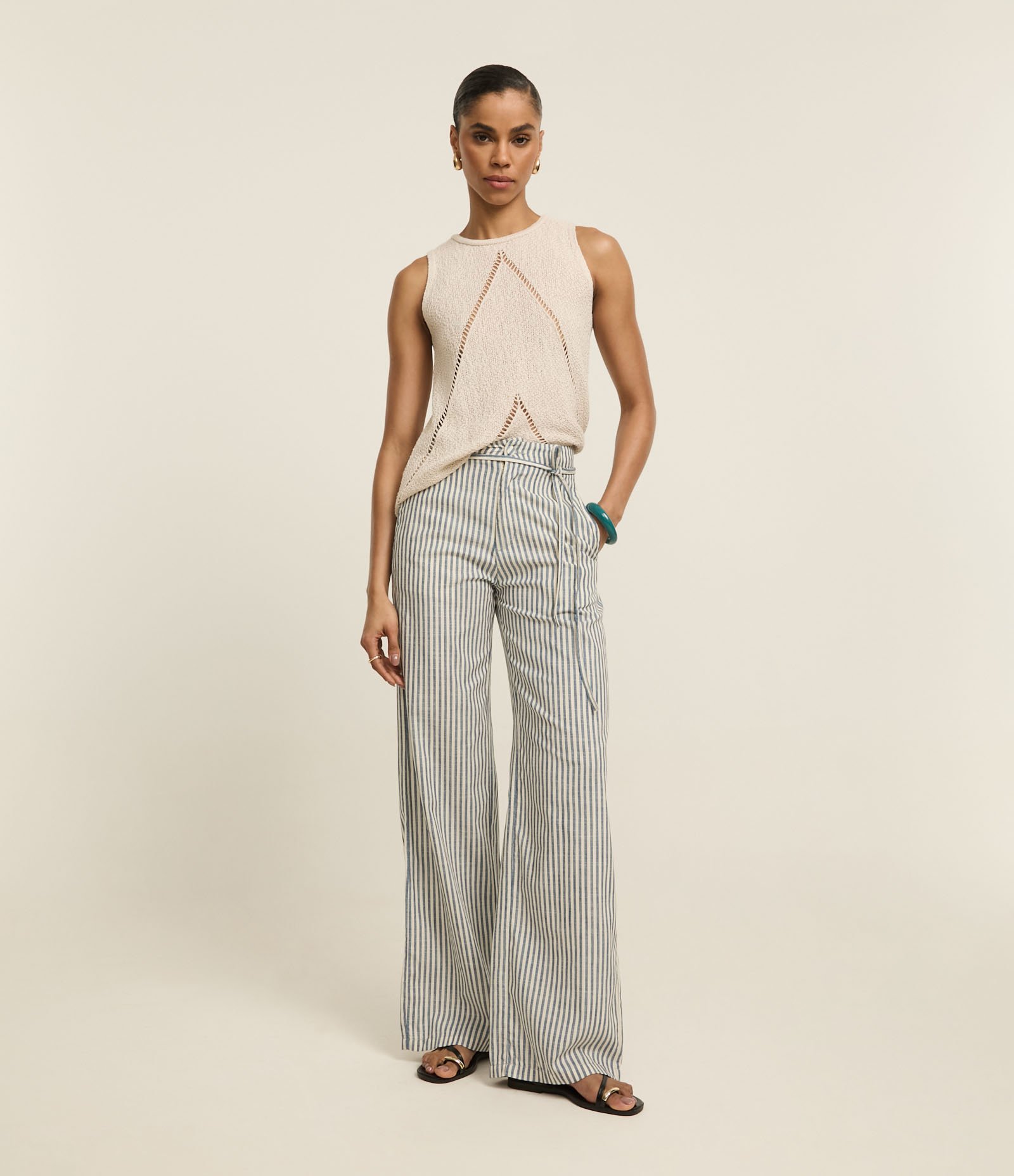 Calça Wide Leg em Sarja com Listras e Cinto Fino Azul 1