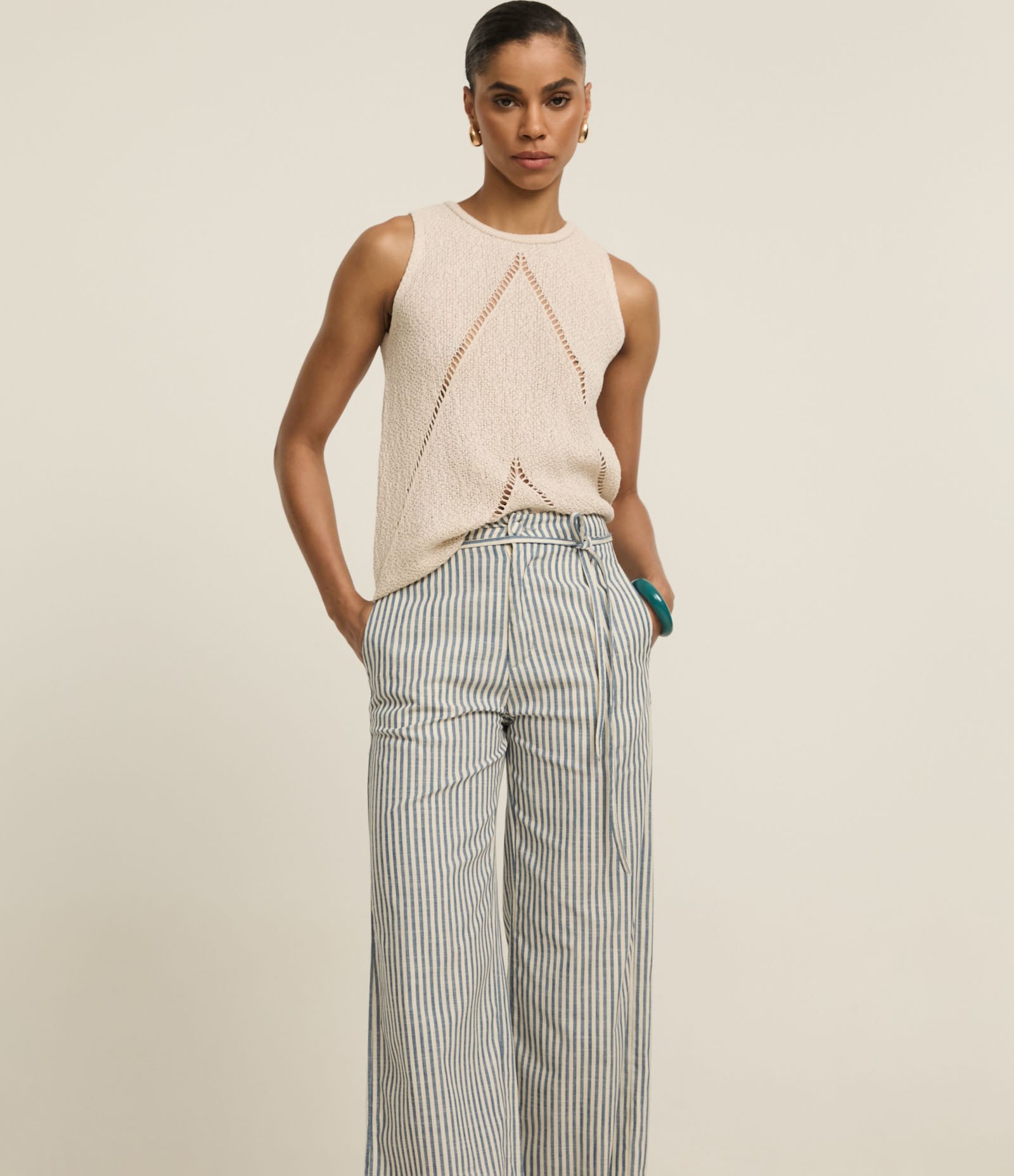 Calça Wide Leg em Sarja com Listras e Cinto Fino Azul 2