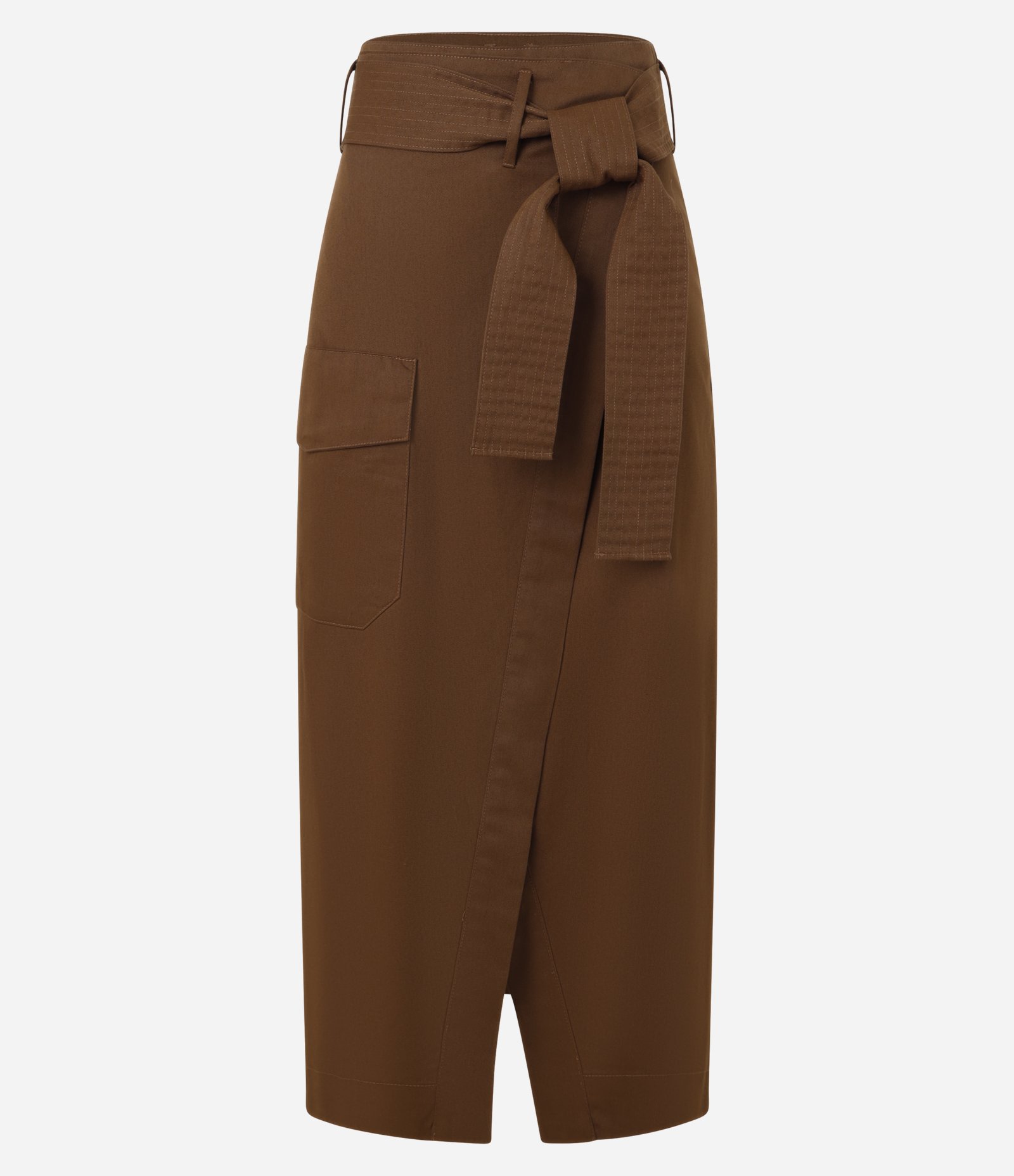 Saia Envelope em Sarja com Cinto Faixa e Bolso Cargo Marrom 5