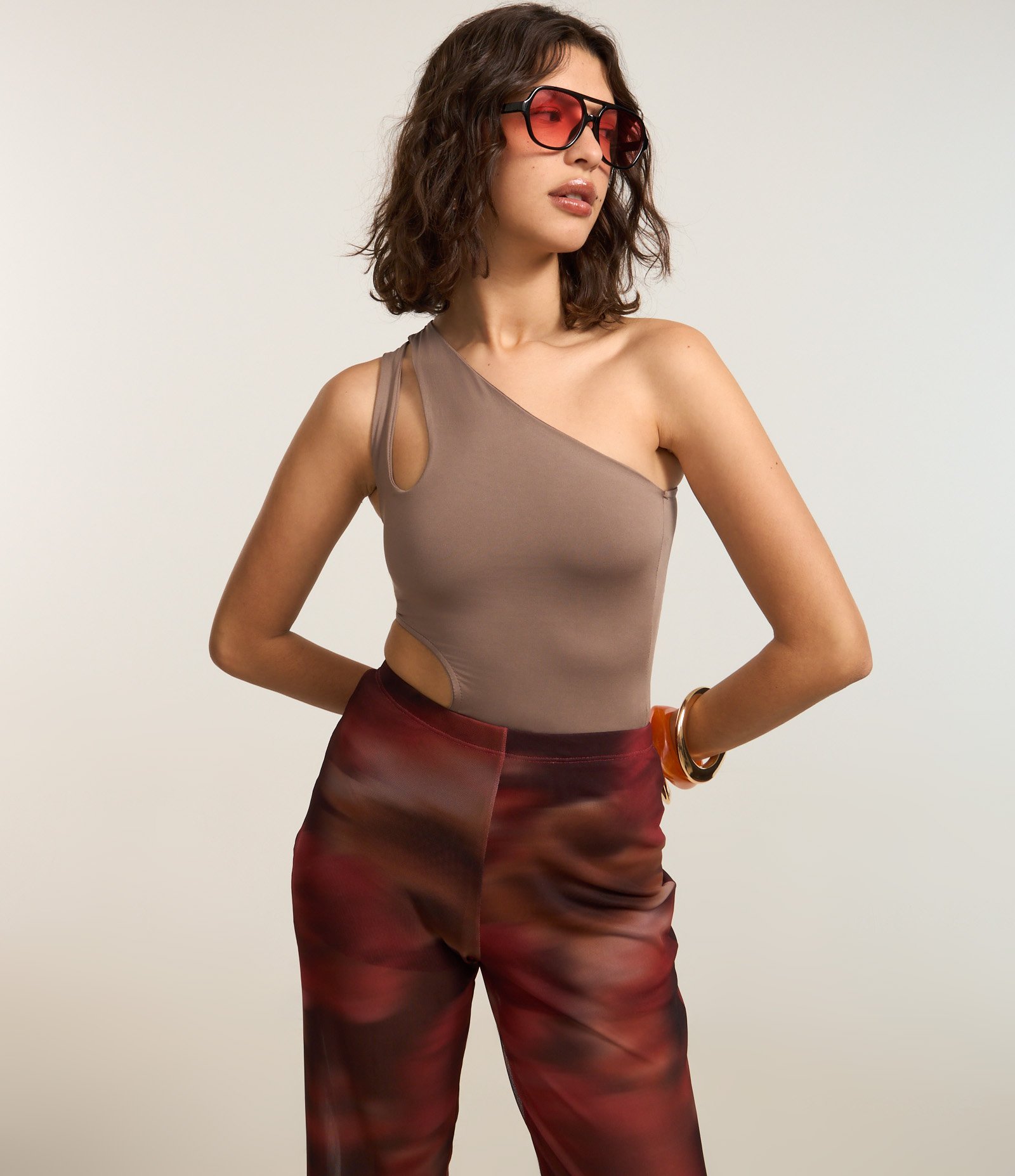 Calça Flare em Tule com Estampa Manchada e Picot na Barra Vermelho 6